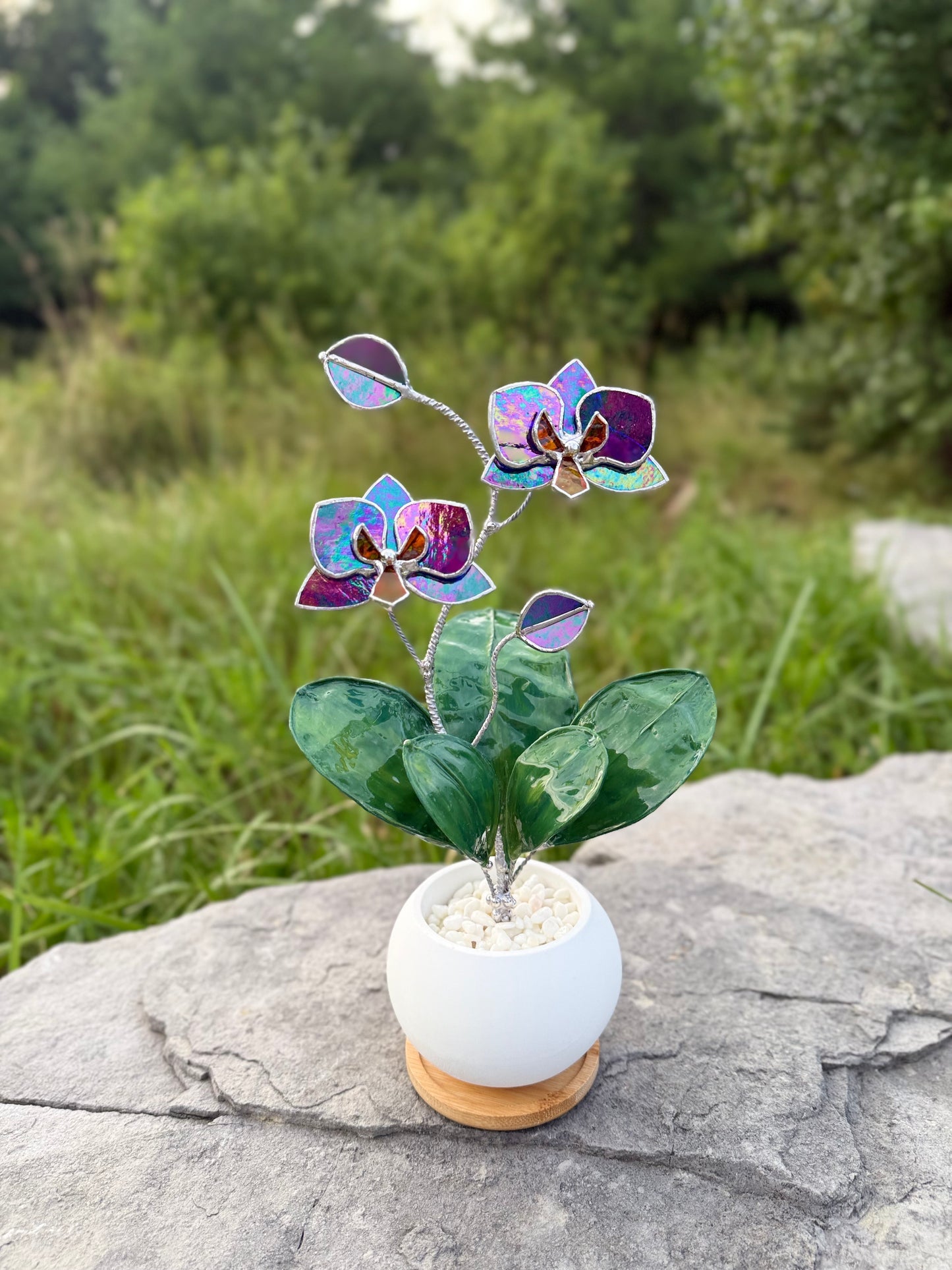 Orchid Indigo iridescent WITH RESIN Hand painted LEAVES Stained Glass 2 flowers in a Pot, Botanical Art Sculpture
