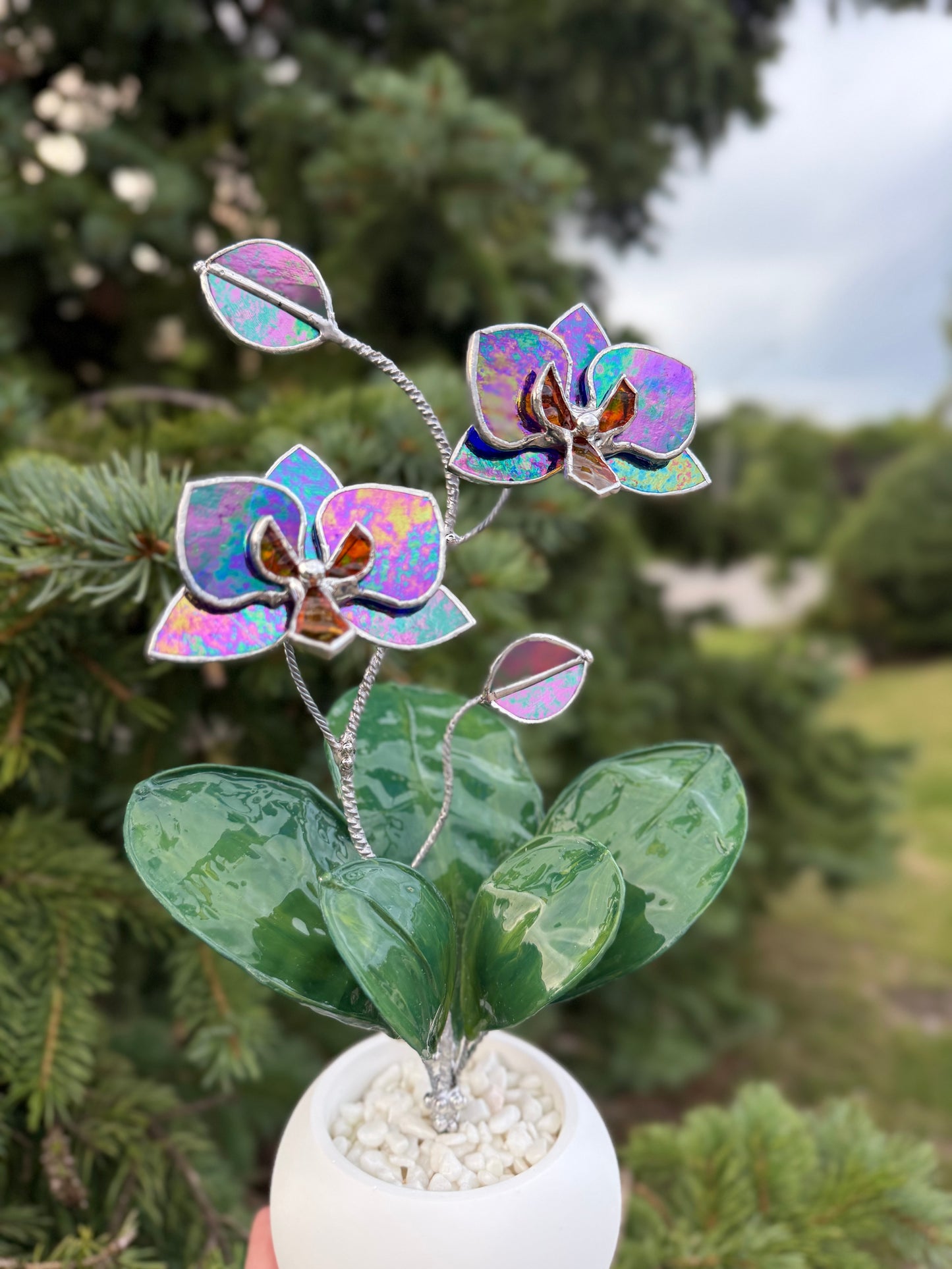 Orchid Indigo iridescent WITH RESIN Hand painted LEAVES Stained Glass 2 flowers in a Pot, Botanical Art Sculpture