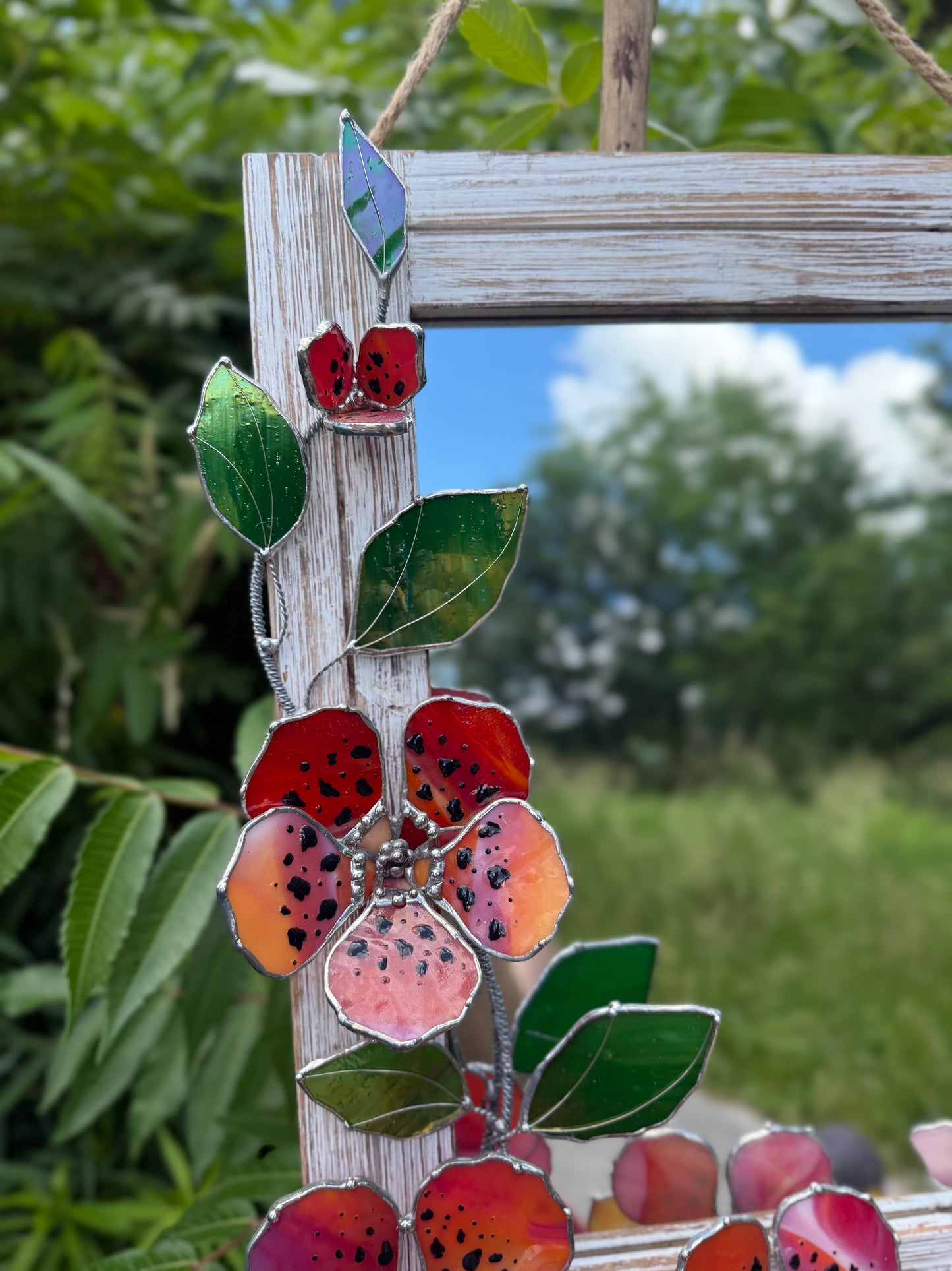 .Hibiscus Stained glass Wall Mirror, 3D Botanical Floral Art ready