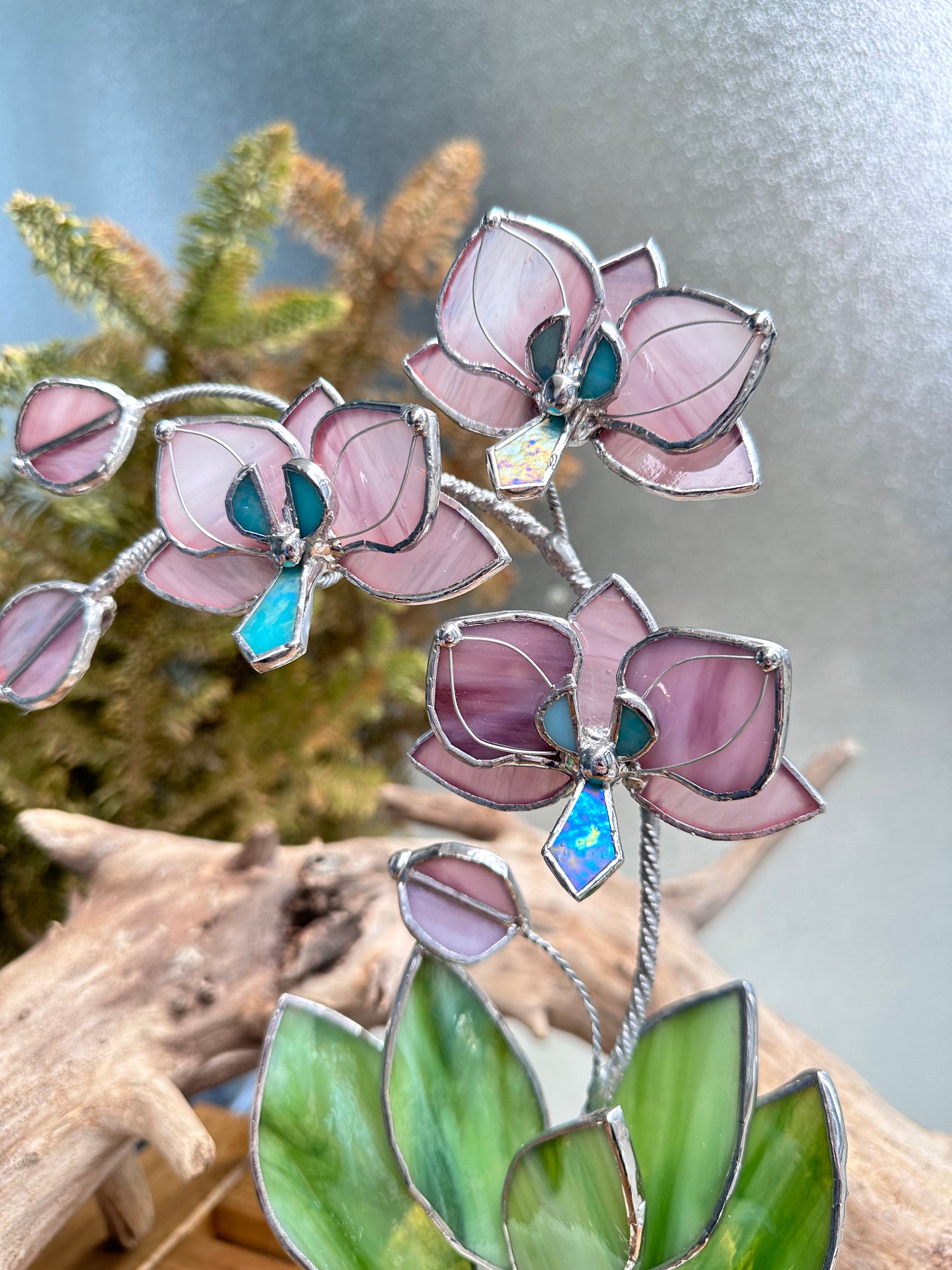 " .Dusty Rose translucent Orchid 3 flowers with pot” Stained glass tropical flower 3D, Sun catcher, Table plant, Garden stick, Outdoor and gardening decor