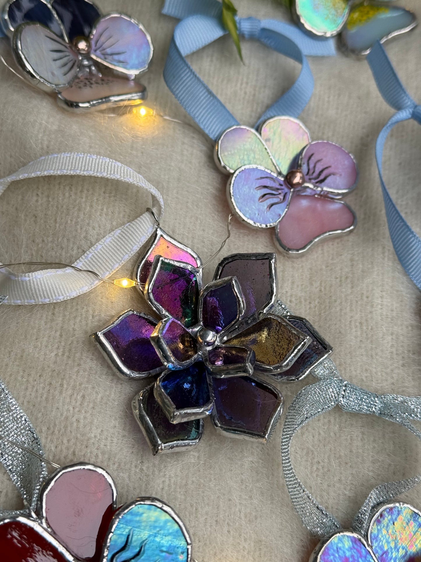 Stained glass ornament Flower Plum iridescent, Wall window decor, holiday decoration