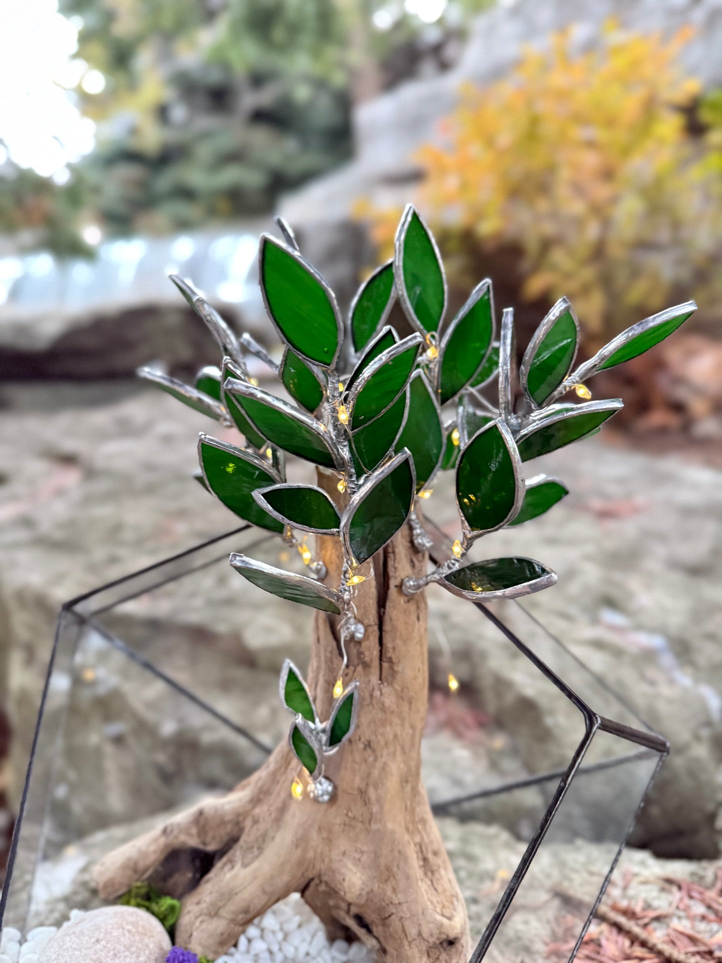 "  . Geometric glass terrarium with bonsai with glass leaves and lights”, Table decor, Christmas gift