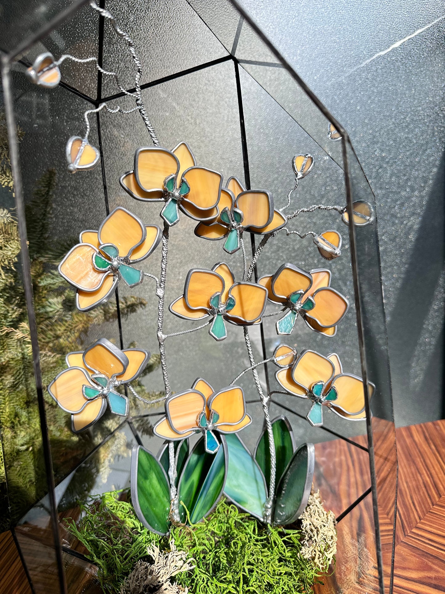 " .Geometric glass 3D terrarium Asymmetrical with stained glass orchids. Wedding glass decor, Mother’s Day  gift, glass art, suncatcher, succulents, cacti