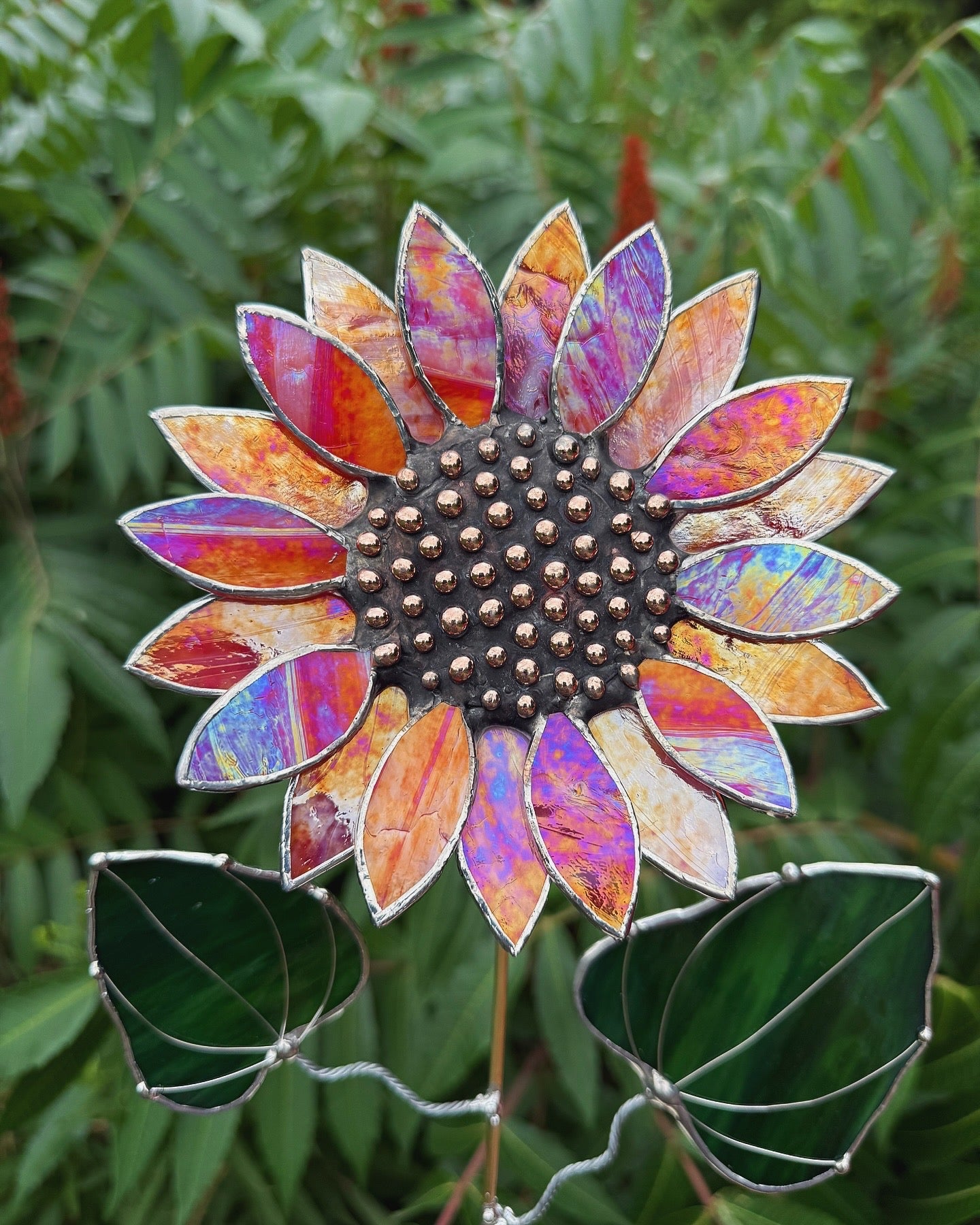 " .  Sunflower Red Amber iridescent", stained glass tropical flower 3D, Sun catcher, Table plant decor, Garden stake, Outdoor and gardening, wedding Christmas gift