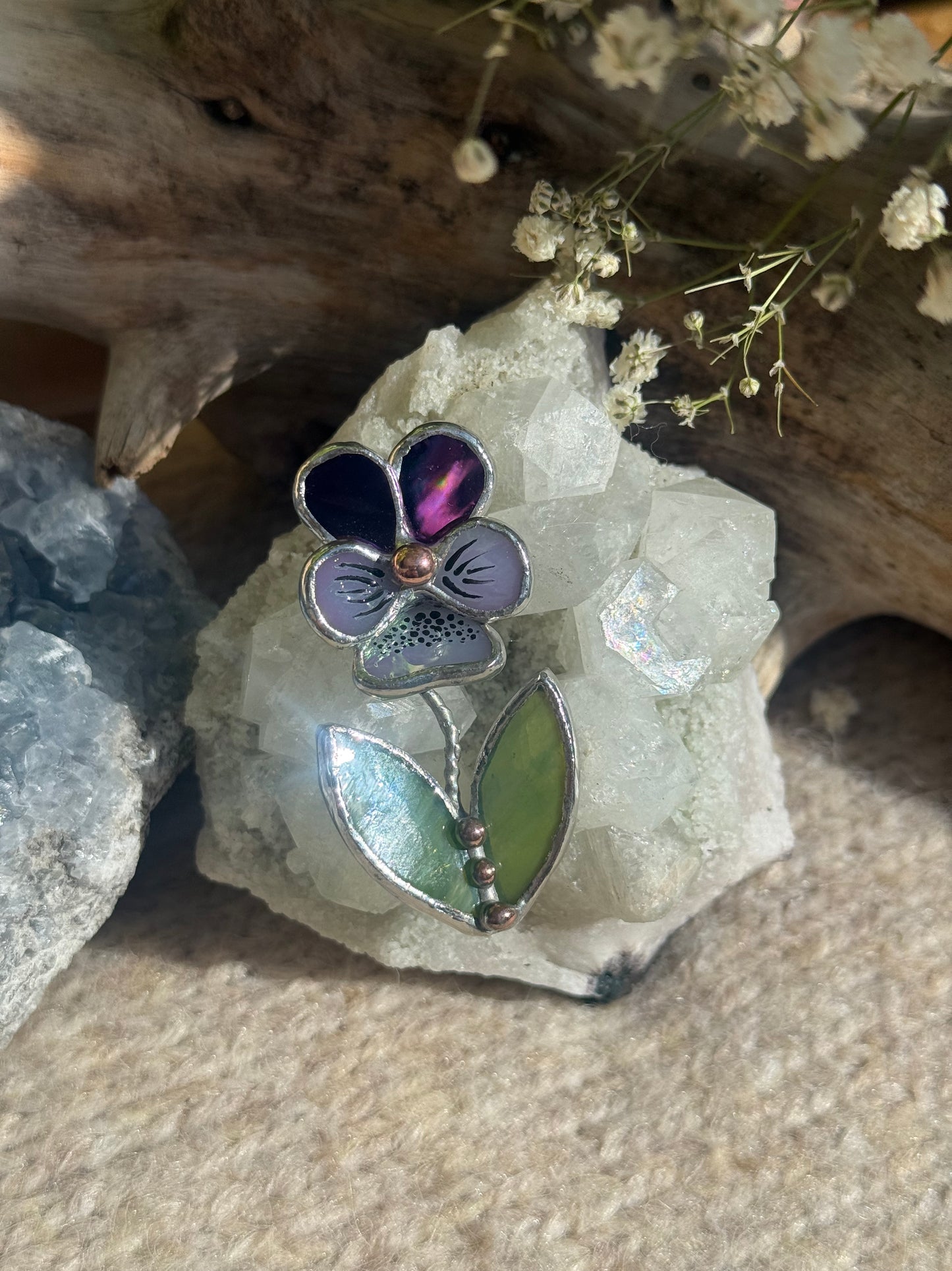 Brooch Pansy Flower Purple luminous& Lavender irid Stained glass flower 3D art jewelry new
