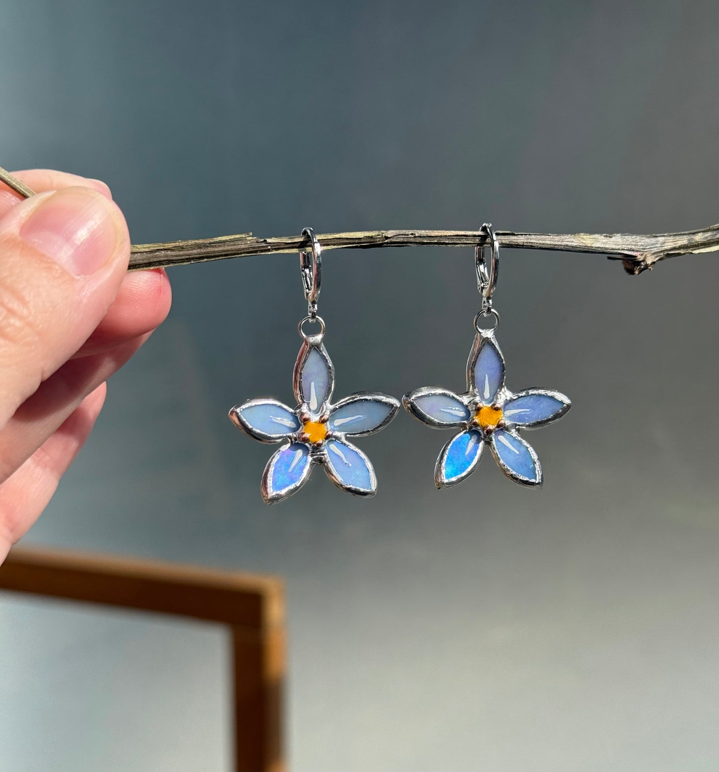 Forget Me Not Earrings Sky Blue Iridescent Handcrafted Stained glass Botanical Art Jewelry