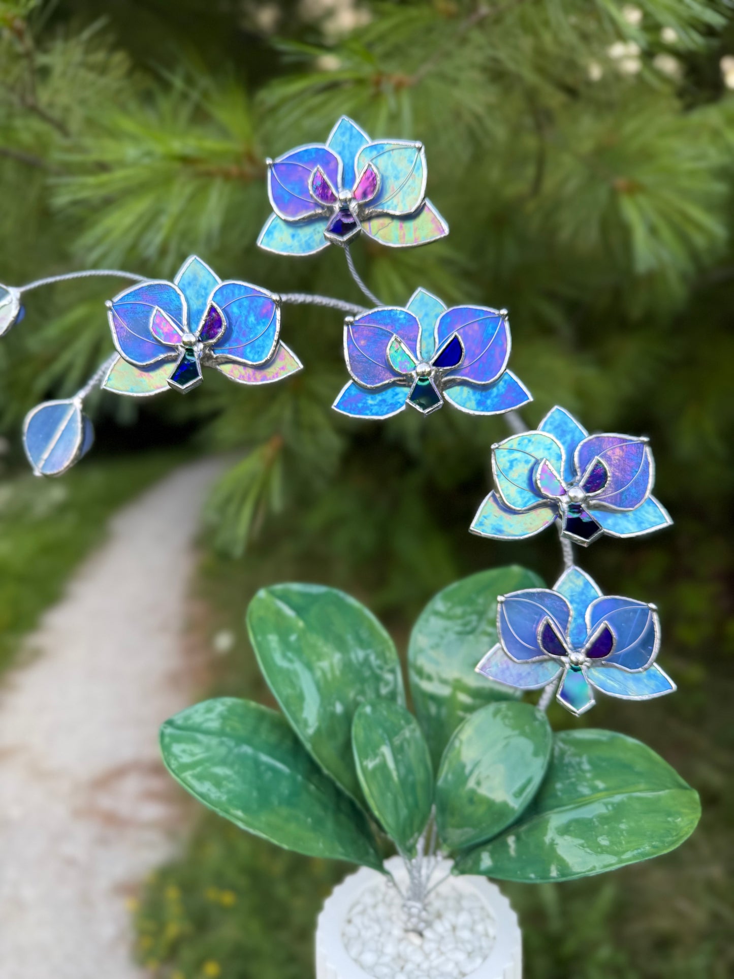.Blue lavender Orchid, WITH RESIN LEAVES, 5 Flowers, Handmade Stained Glass Botanical Art Decor