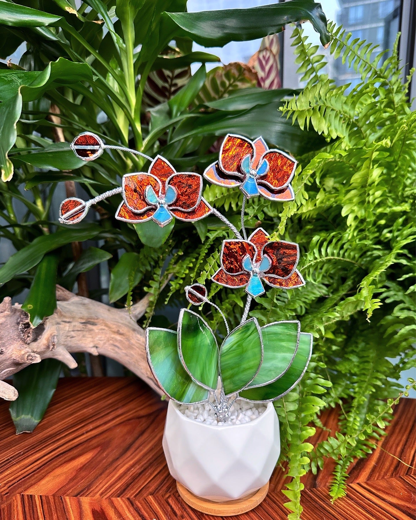 ". Golden Orchid 3 flowers with pot” Stained glass tropical flower 3D, Sun catcher, Table plant, Garden stick, Outdoor and gardening decor,