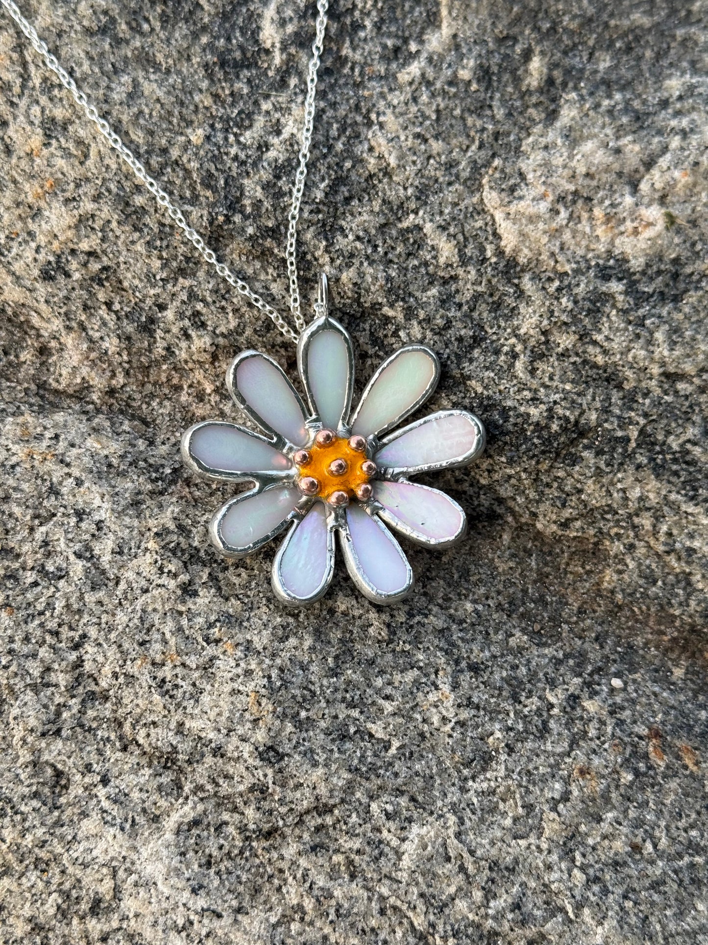 Daisy White Pearl Stained Glass Ornament Handmade Floral Christmas Suncatcher