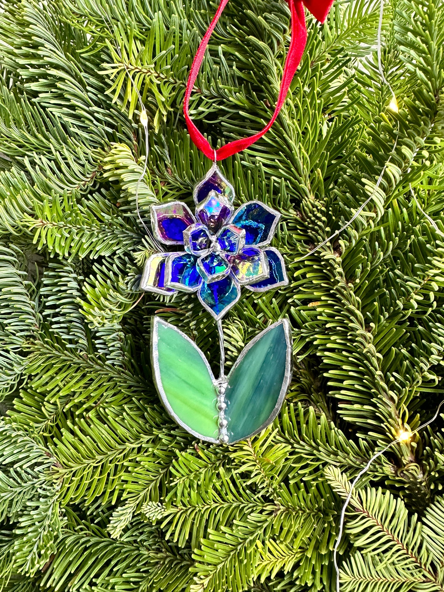 Christmas tree ornament Flower Indigo iridescent Set of 1, 3, 5, 7, 10. Stained glass Wall window decor, holiday decorations, lights