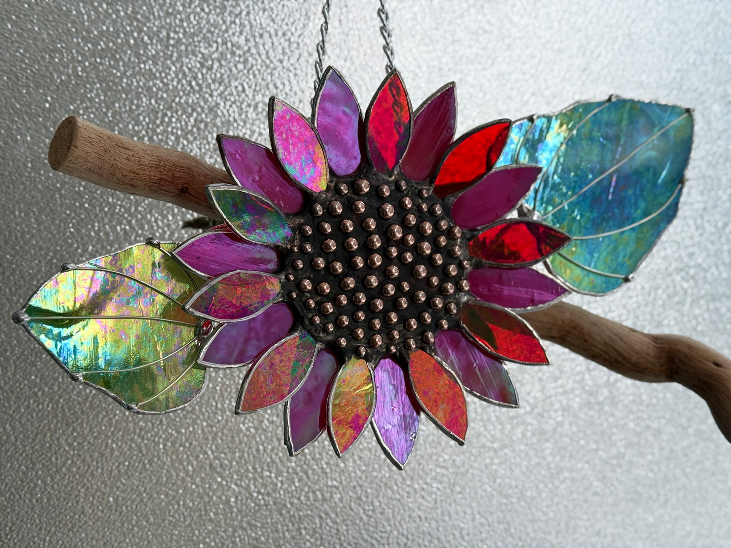 "  . Sunflower Red iridescent", stained glass wall decor, tropical flower 3D, Sun catcher, Plant decor