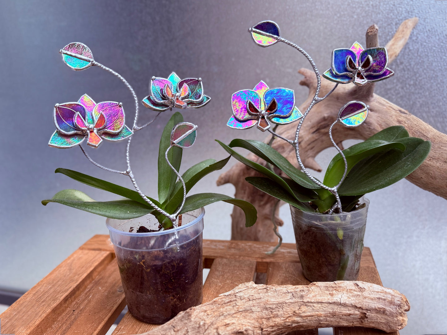 " . CHOOSE COLOR Orchid flower stick, Plant stake 2 flowers no pot” Stained glass tropical flower 3D, Sun catcher, Table plant, Garden stick, Outdoor and gardening decor