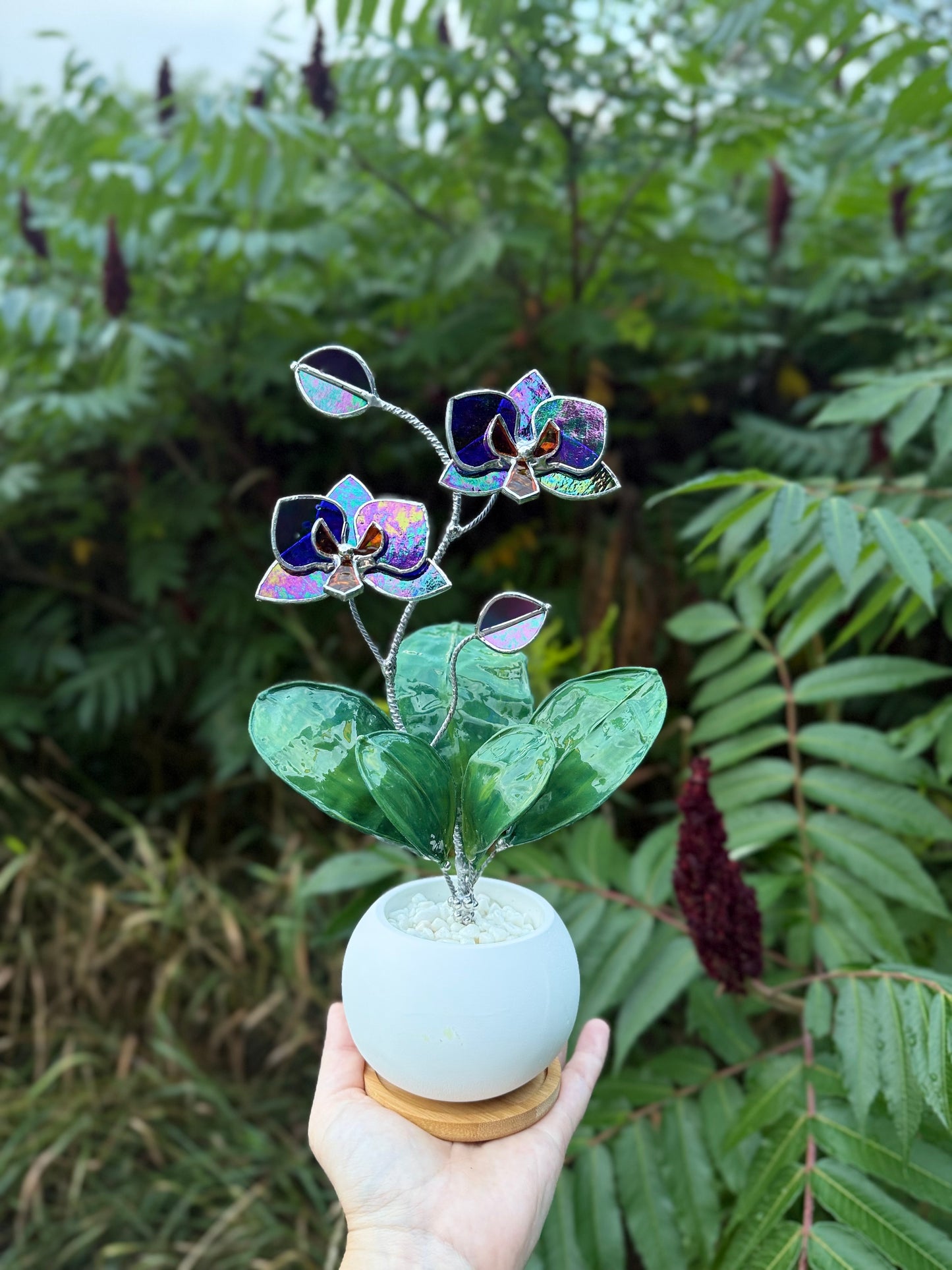 Orchid Indigo iridescent WITH RESIN Hand painted LEAVES Stained Glass 2 flowers in a Pot, Botanical Art Sculpture