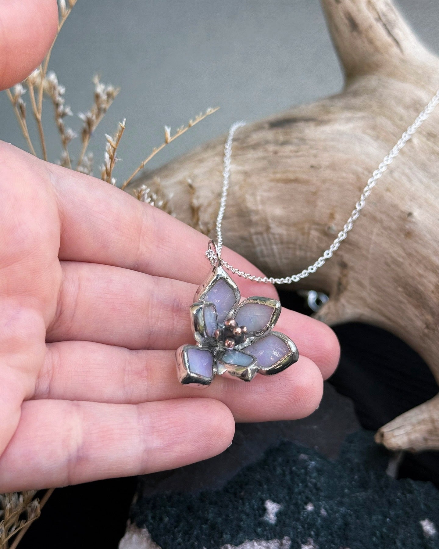 " . Magnolia flower White pearl iridescent Necklace” Stained glass tropical flower 3D, art jewelry