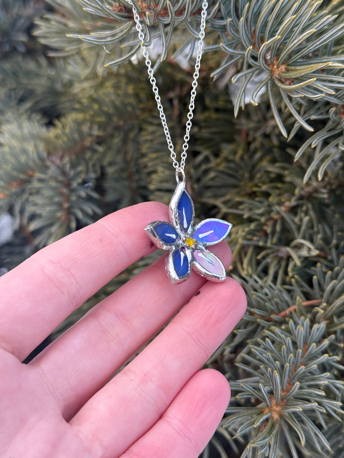 " . Necklace Forget Me Not flower Blue luminescent Stained glass, Modern art, jewelry