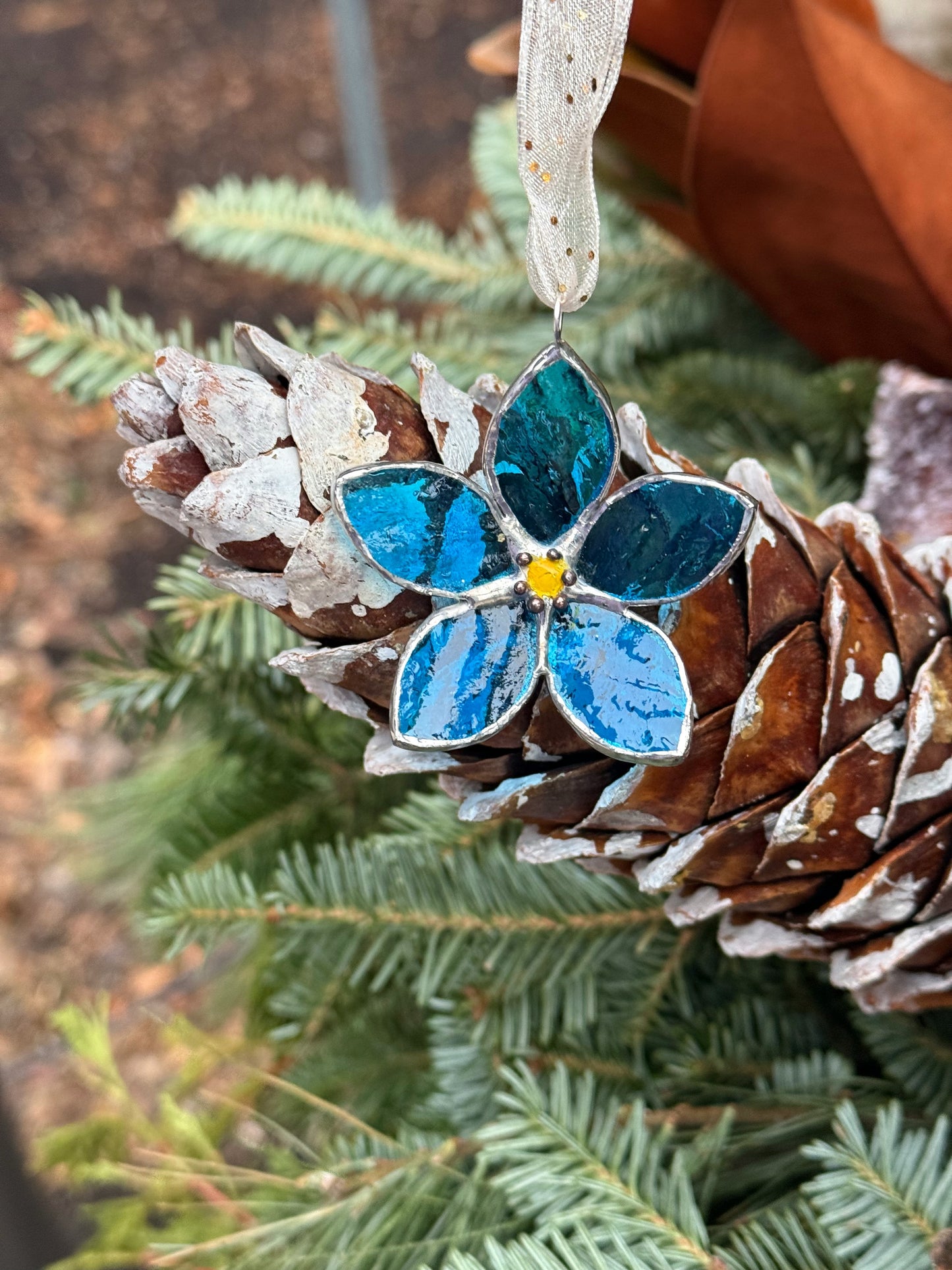 Forget Me Not Stained Glass Ornament Blue, Handmade Floral Suncatcher
