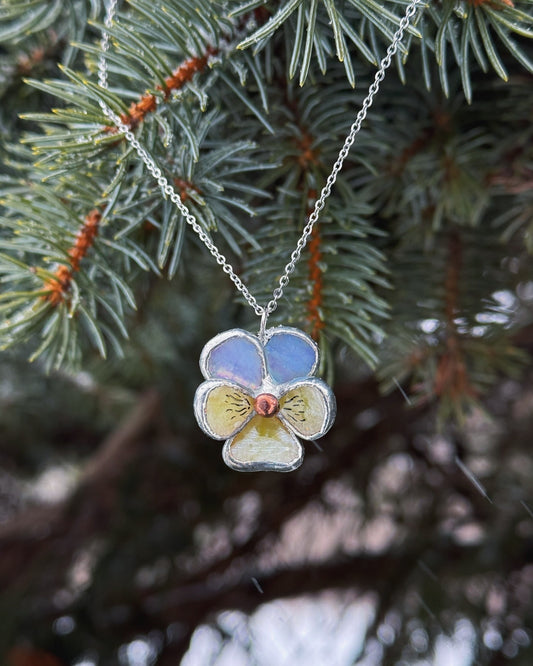 " . Pansy Lavender irid & Yellow irid Necklace” Stained glass tropical flower 3D, art jewelry