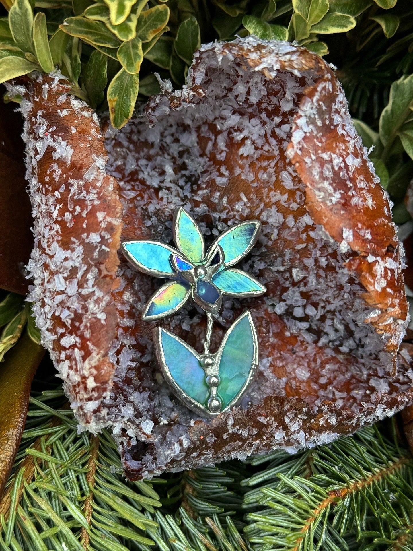 Orchid Blue lumi Brooch Stained Glass Floral Pin, Modern Art Jewelry statement ready new