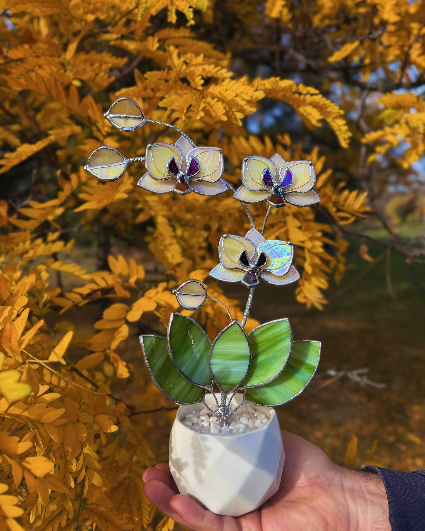 " . Lemon yellow iridescent Orchid 3 flowers with pot” Stained glass tropical flower 3D, Sun catcher, Table plant, Garden stick, Outdoor and gardening decor