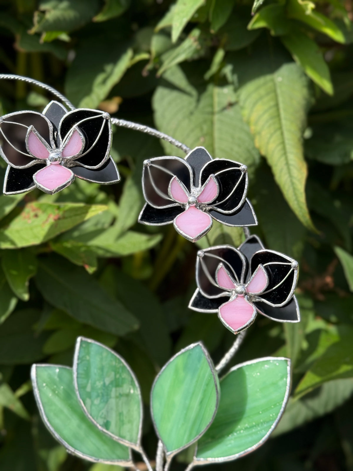 Black Pink Orchid 3 flowers with pot, Stained glass tropical flower, Sun catcher