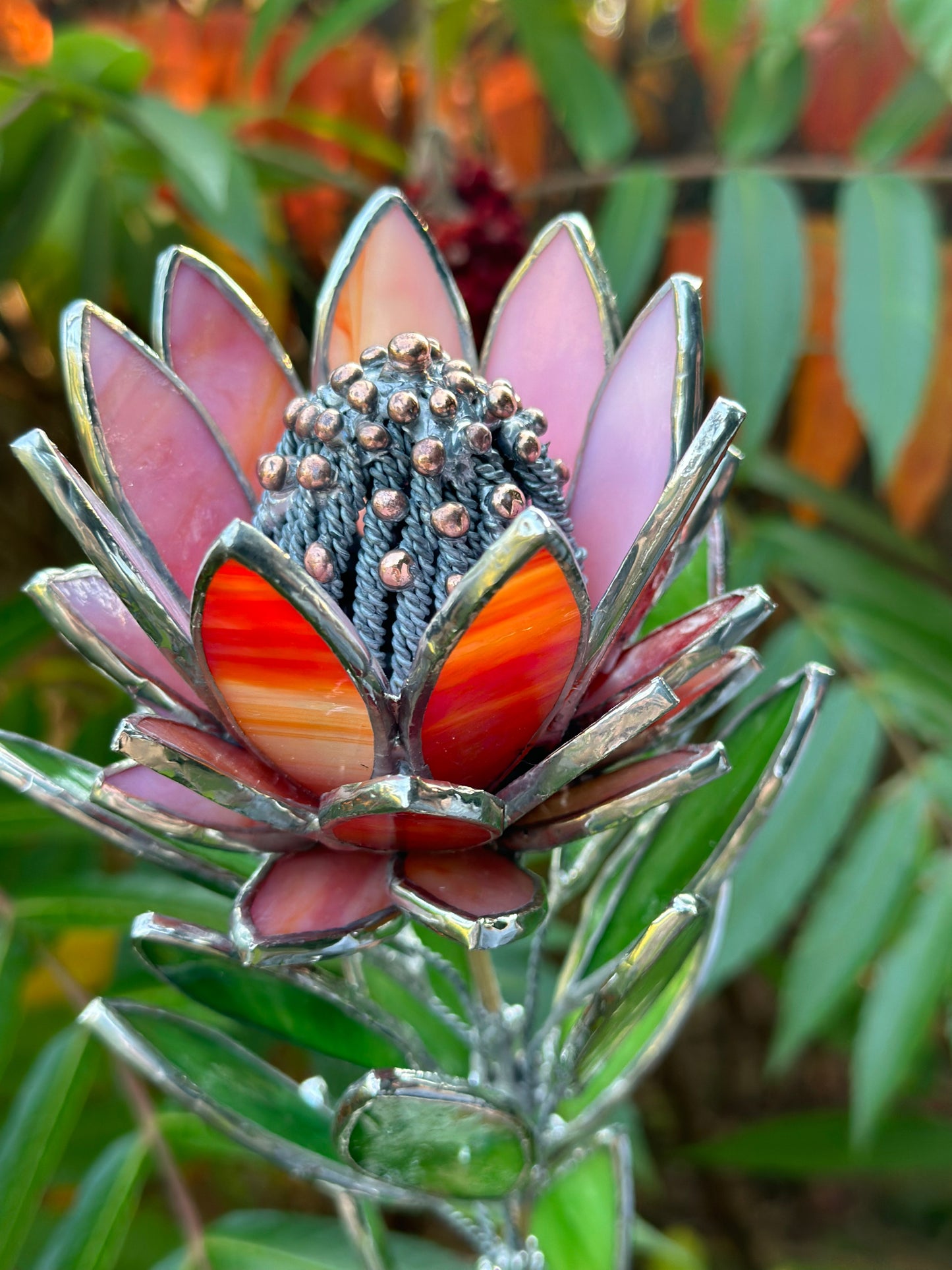 " . Amber&Red irid Protea Stained glass flower in the pot, tropical 3D Sun catcher, Table plant decor, wedding gift, available