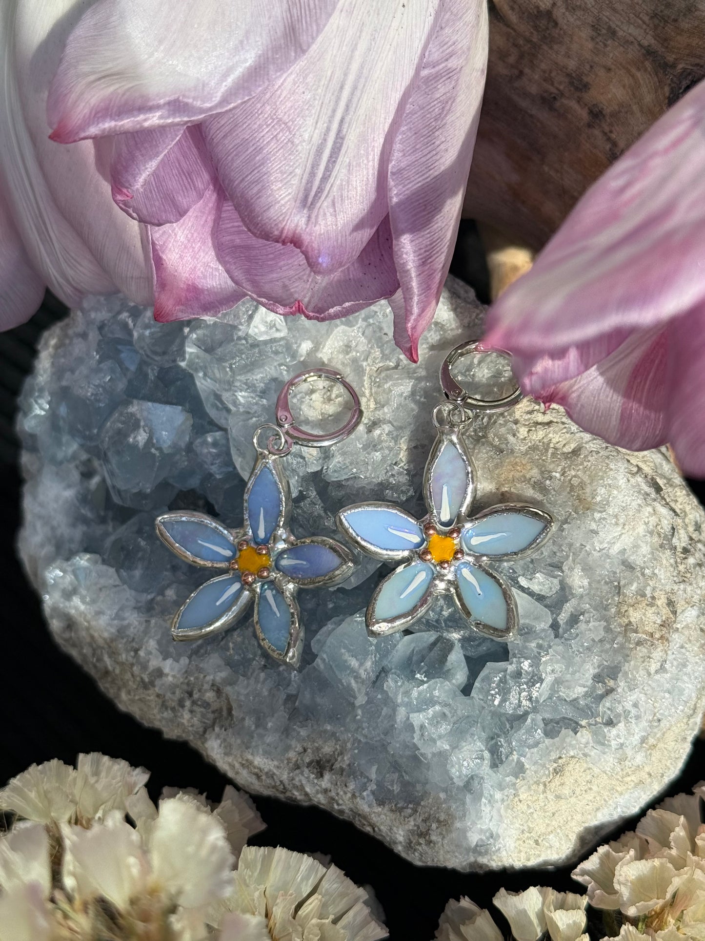 Forget Me Not Earrings Sky Blue Iridescent Handcrafted Stained glass Botanical Art Jewelry