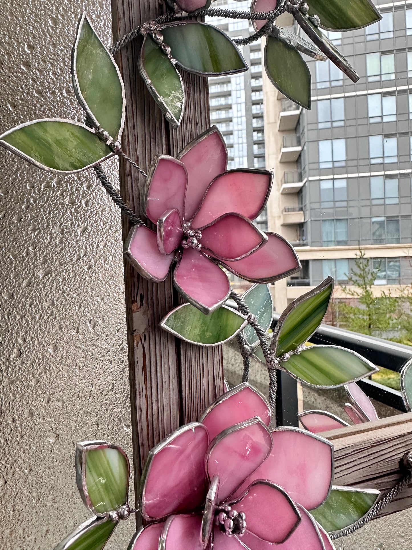 " . Flower Mirror Pink Magnolia, Stained glass Wedding Wall Decor Christmas gift, Suncatcher