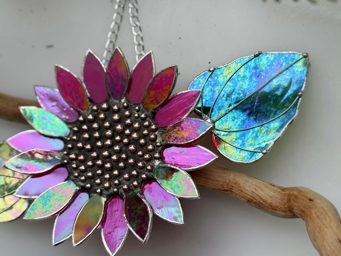 "  . Sunflower Red iridescent", stained glass wall decor, tropical flower 3D, Sun catcher, Plant decor