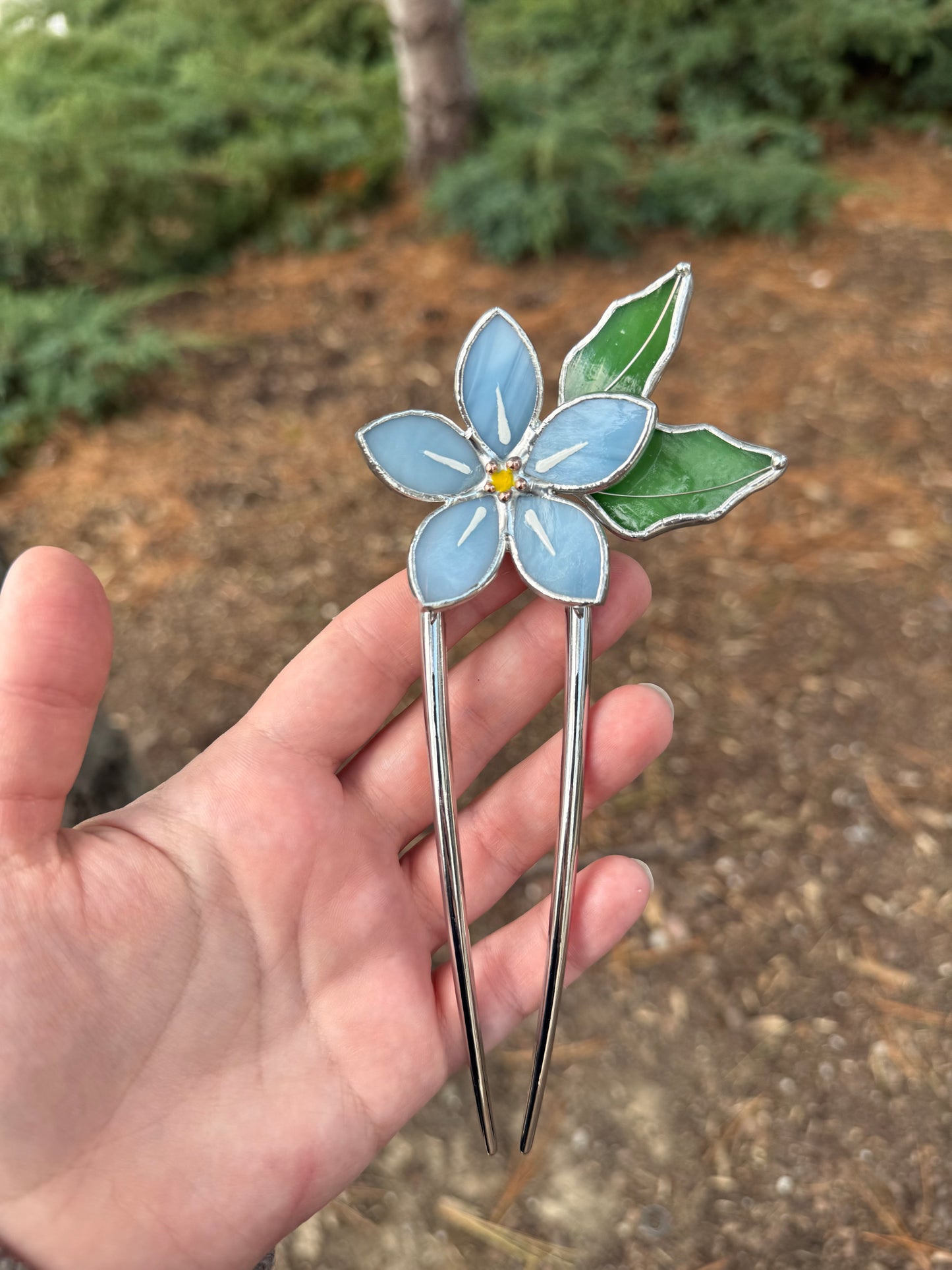 Hair Pin Stained Glass Forget Me Not Flower CHOOSE COLOR Handmade Accessories