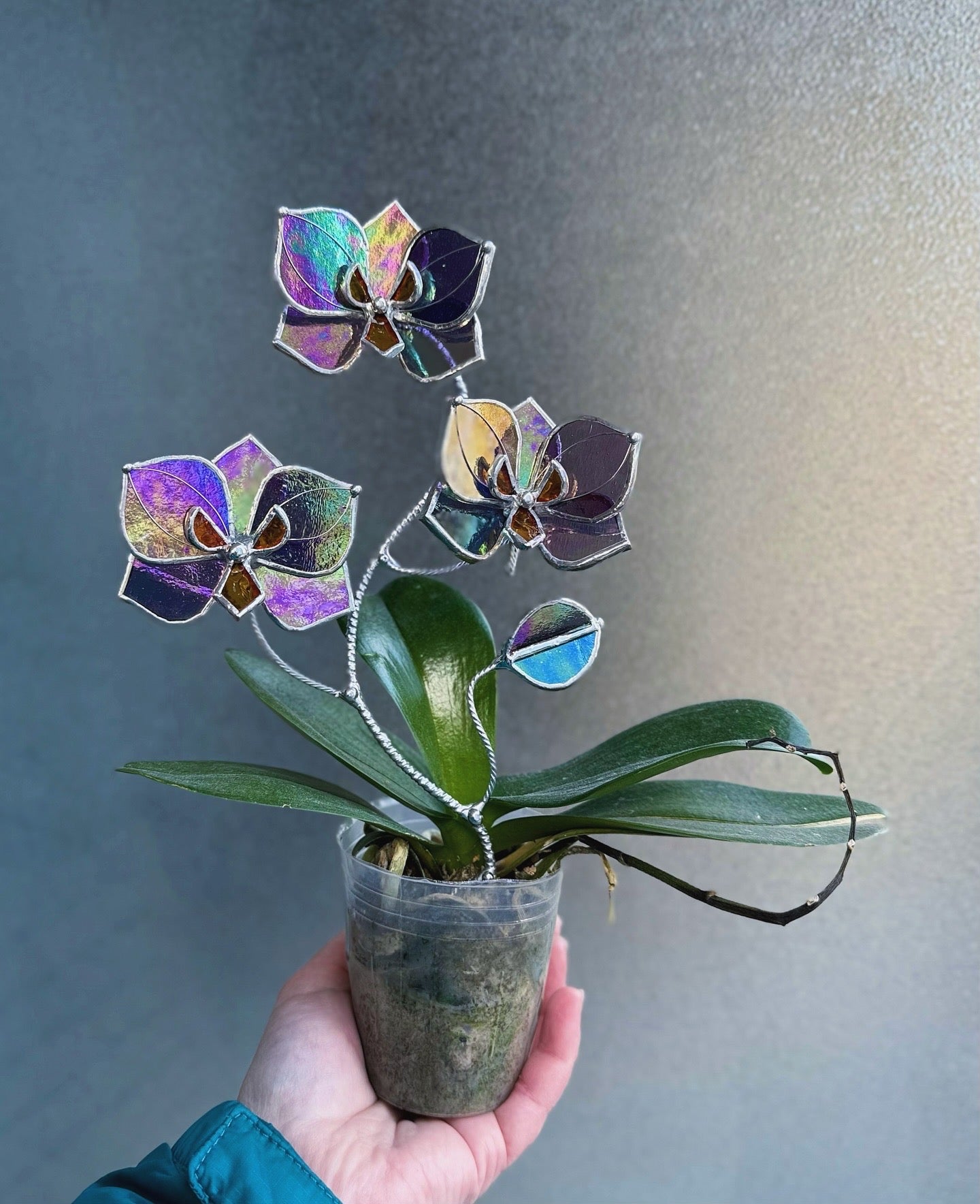 " . Butterfly orchid Purple transparent irid flower stick, Plant stake 3 flowers no pot” Stained glass flower, Table plant, Garden stick