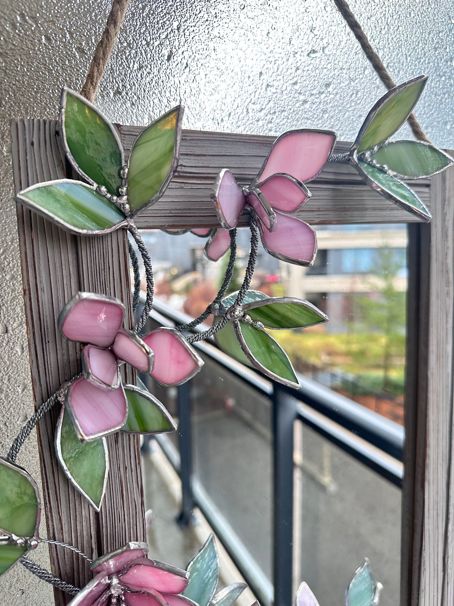 " . Flower Mirror Pink Magnolia, Stained glass Wedding Wall Decor Christmas gift, Suncatcher