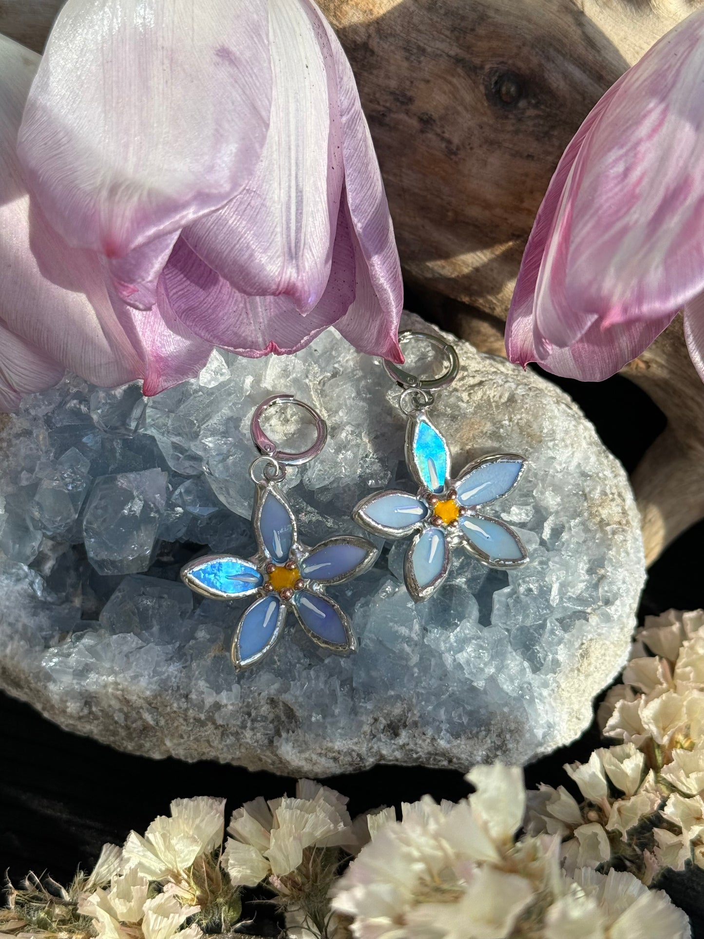 Forget Me Not Earrings Sky Blue Iridescent Handcrafted Stained glass Botanical Art Jewelry