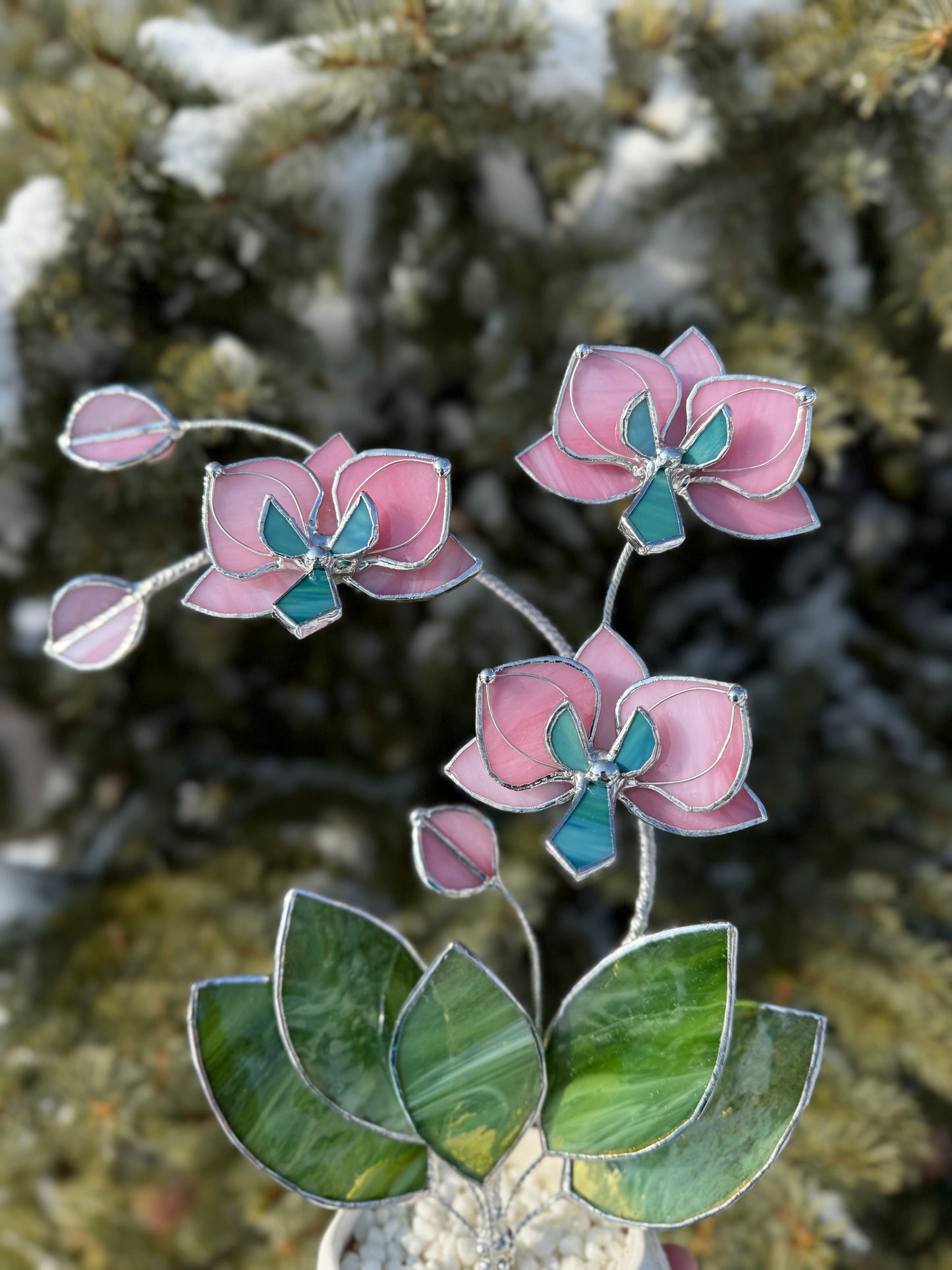 " . Bright Pink Orchid 3 flowers with pot” Stained glass tropical flower 3D, Sun catcher, Table plant, Garden stick, Outdoor and gardening decor