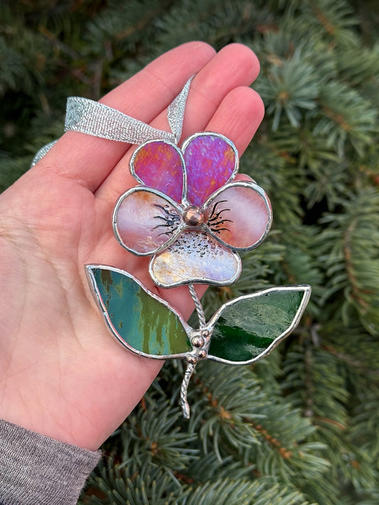" . Pansy flower with leaves Berry red &  peach irid , Stained glass Decorative ORNAMENT, Christmas decoration, Suncatcher