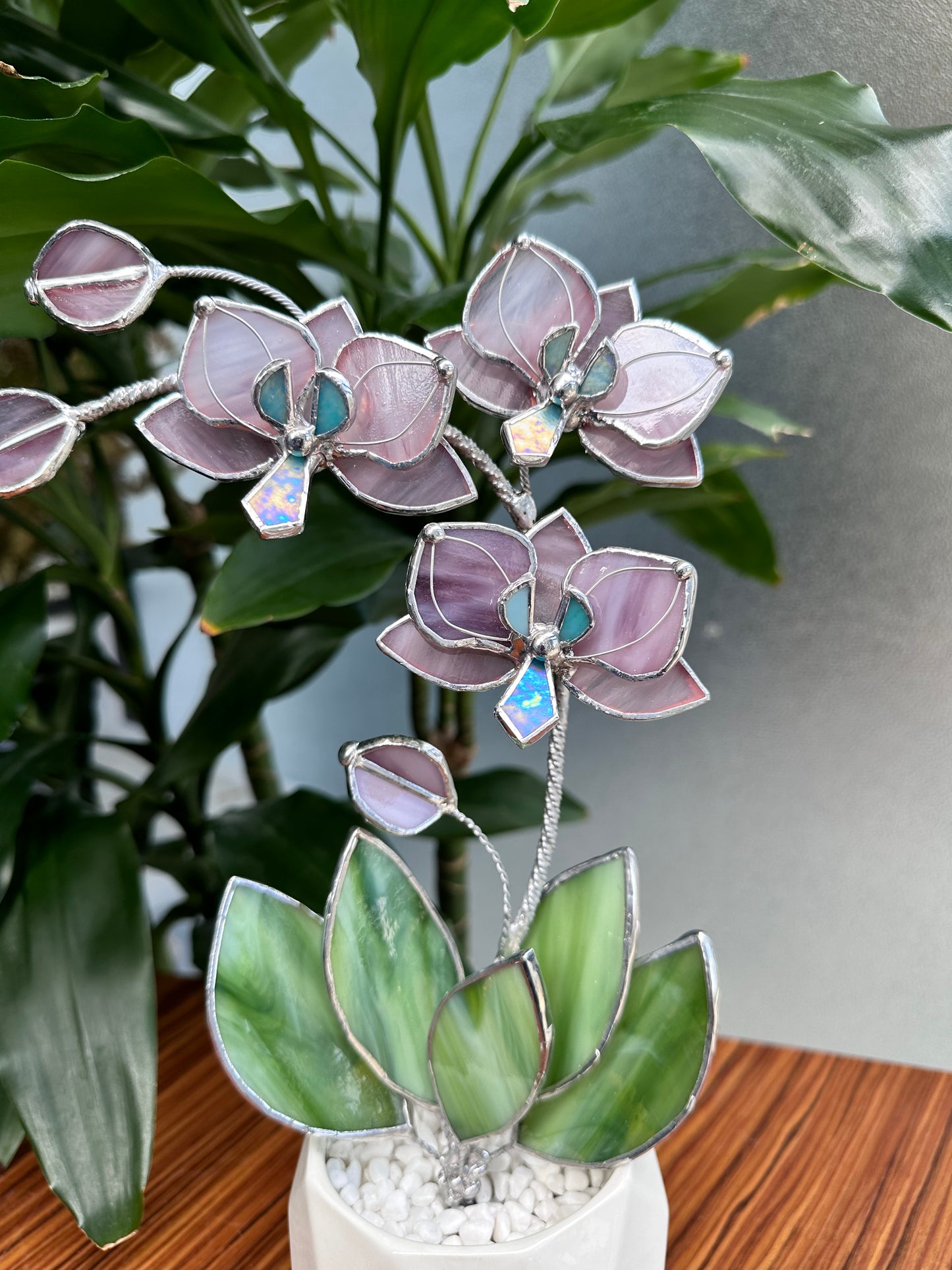 " .Dusty Rose translucent Orchid 3 flowers with pot” Stained glass tropical flower 3D, Sun catcher, Table plant, Garden stick, Outdoor and gardening decor