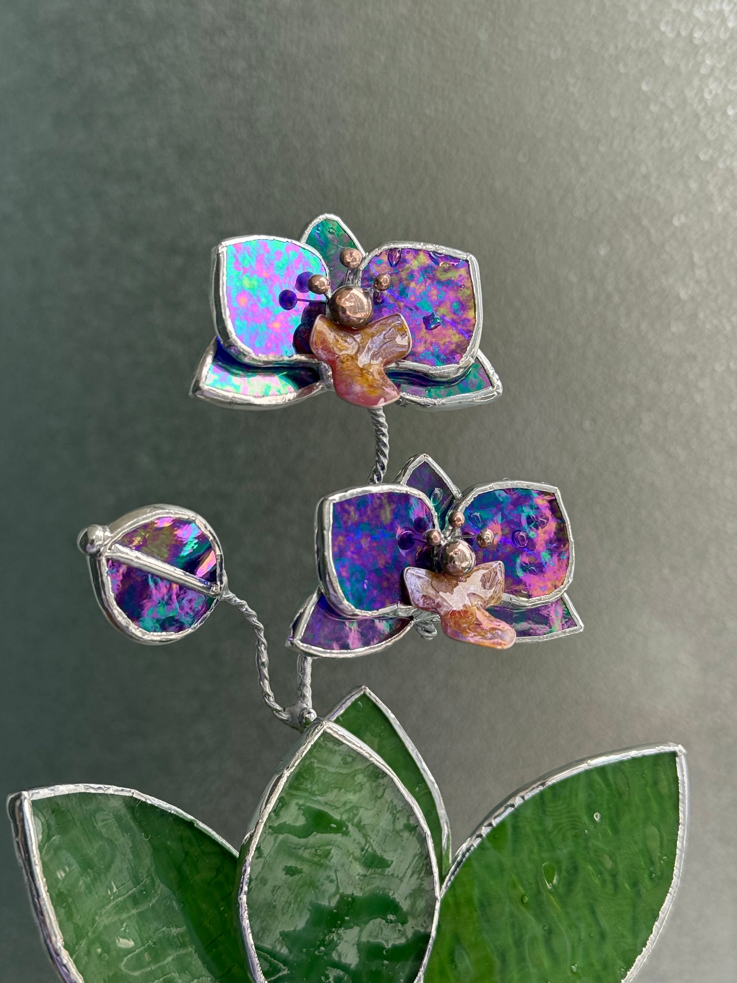 Orchid Indigo Stained Glass Artisan Flower, Botanical Table Decor