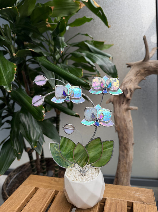 " . Orchid White luminescent , 3 flowers with pot” Stained glass tropical flower 3D, Sun catcher, Table plant decor, Garden stick, Outdoor and gardening decor