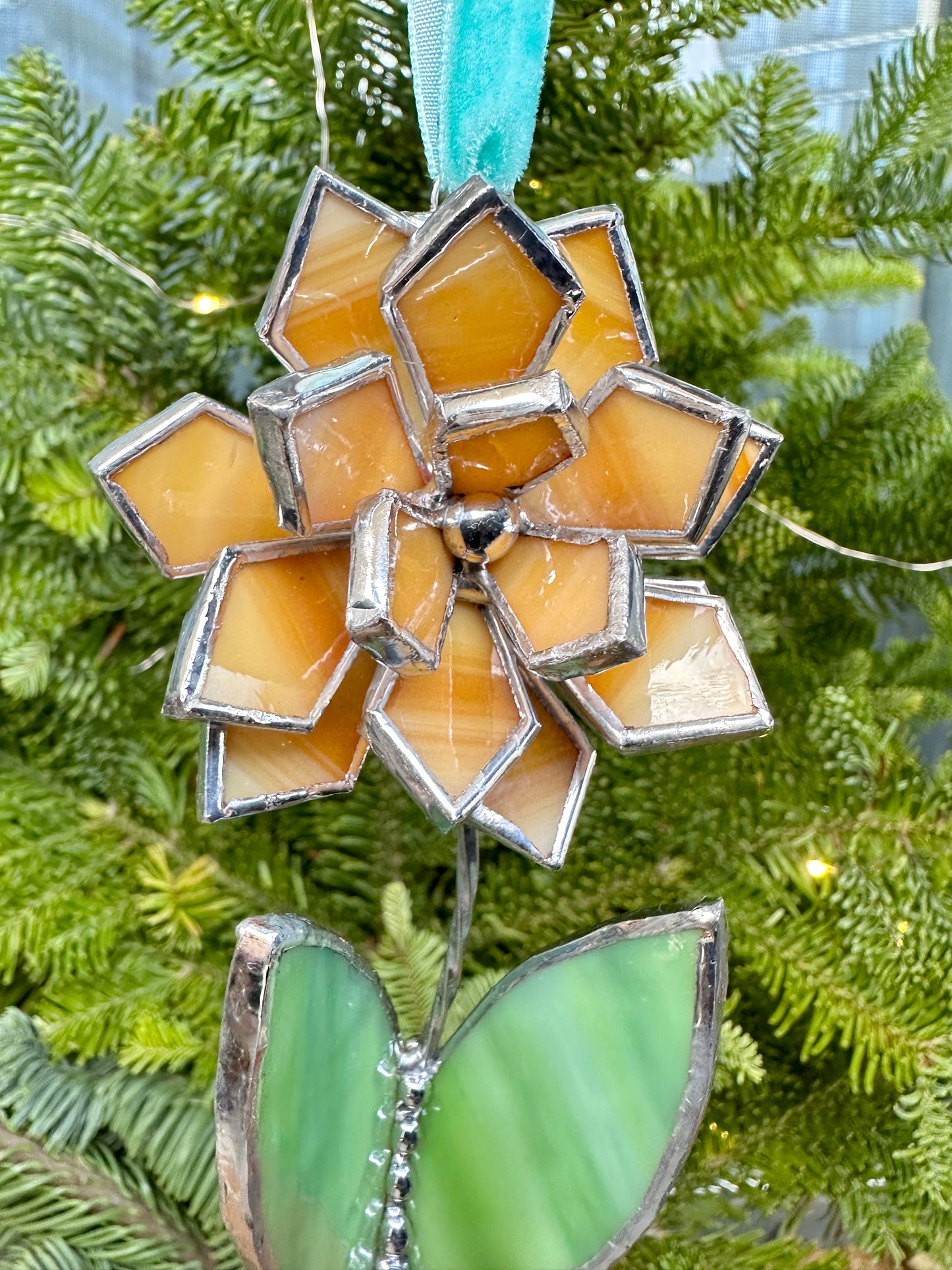 Christmas tree ornament Flower Amber  Mix of 1, 3, 5, 7, 10. Stained glass Wall window decor, holiday decorations, lights