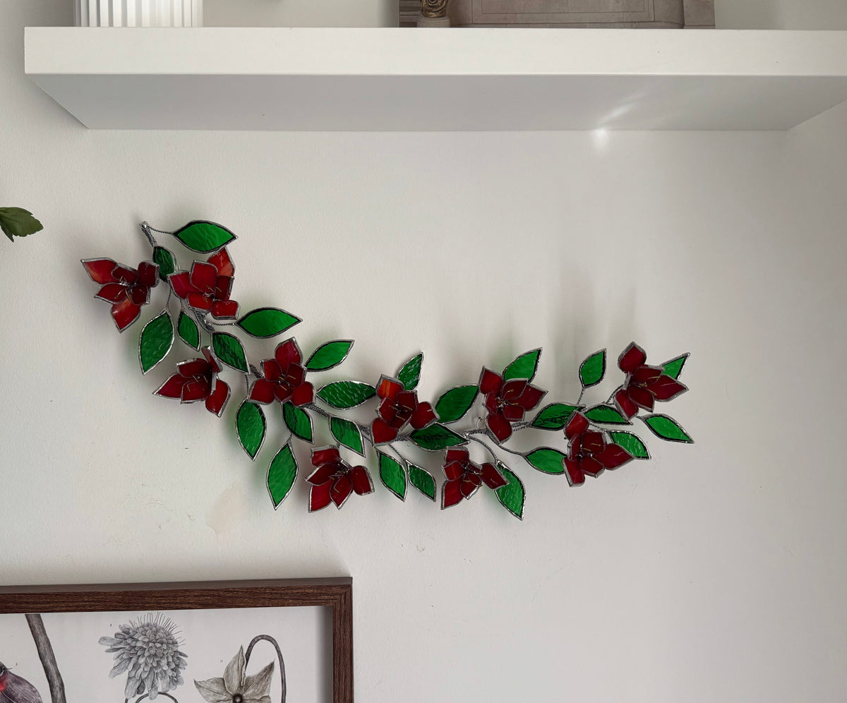 Amaryllis Flowers Branch Stained Glass Wall Decor, Glass Suncatcher Wall Decor