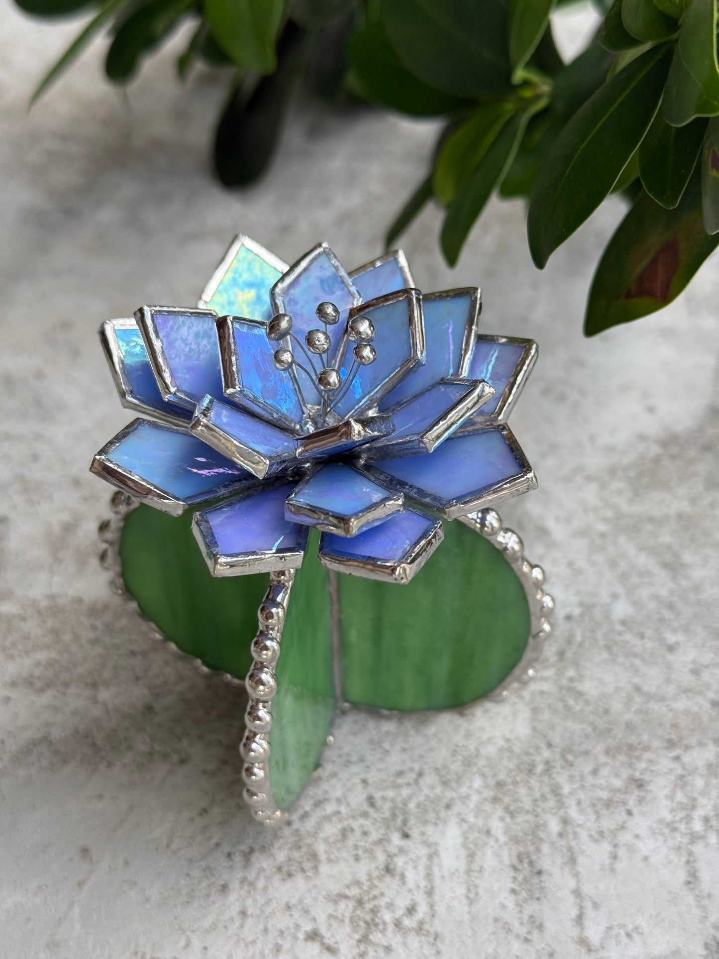 "Cactus Sky blue lumi & green ribbed" Stained glass Succulent 3D design, house plant for flower pot, Sun catcher, glass art, wedding decor