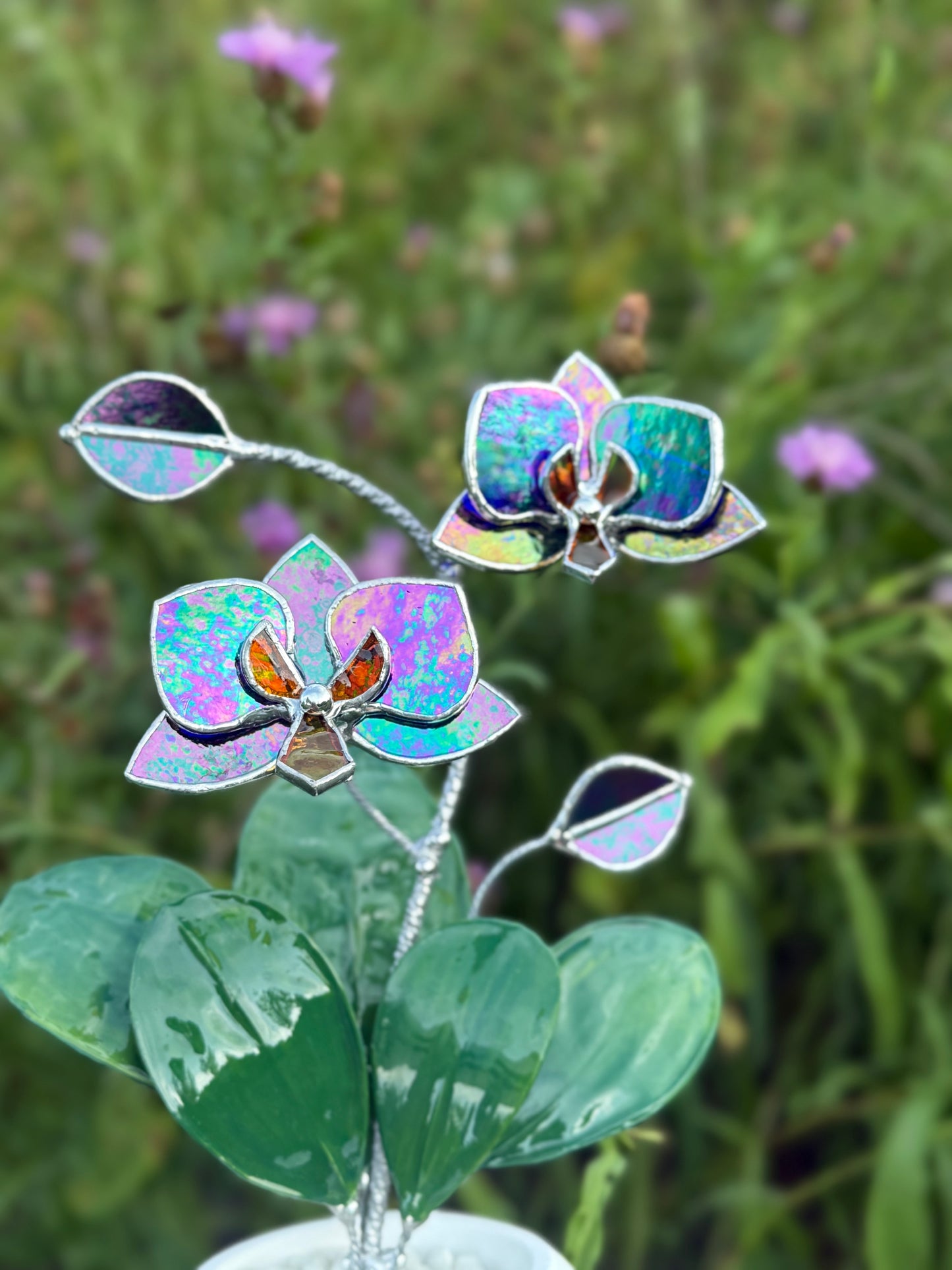 Indigo iridescent Artificial Orchid WITH RESIN Hand painted LEAVES 2 flowers with bud in a Pot, Botanical Art Sculpture