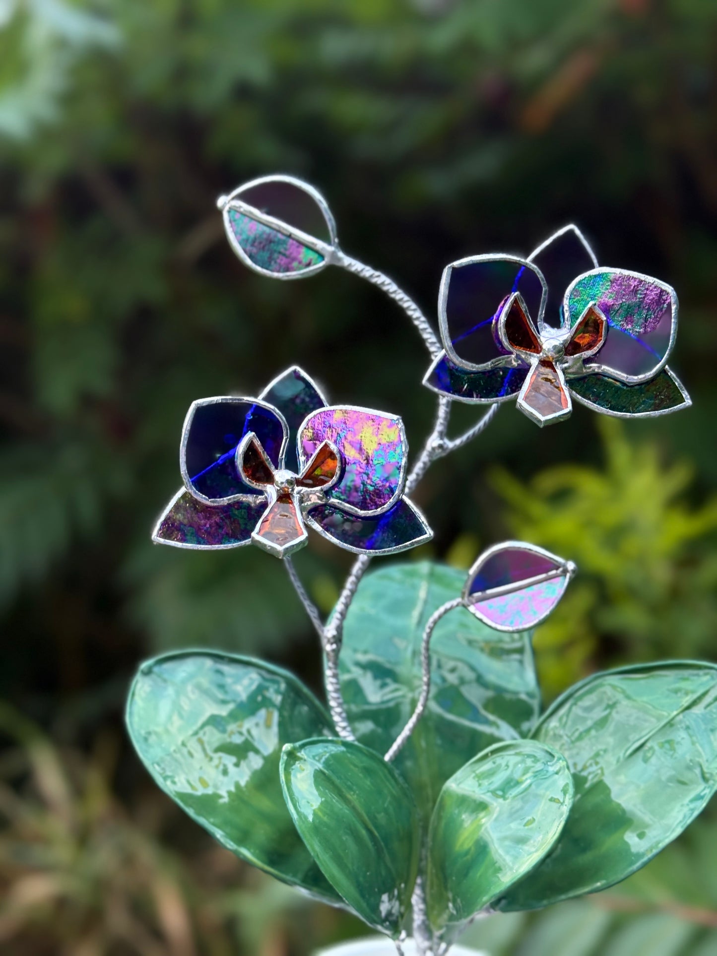 Orchid Indigo iridescent WITH RESIN Hand painted LEAVES Stained Glass 2 flowers in a Pot, Botanical Art Sculpture