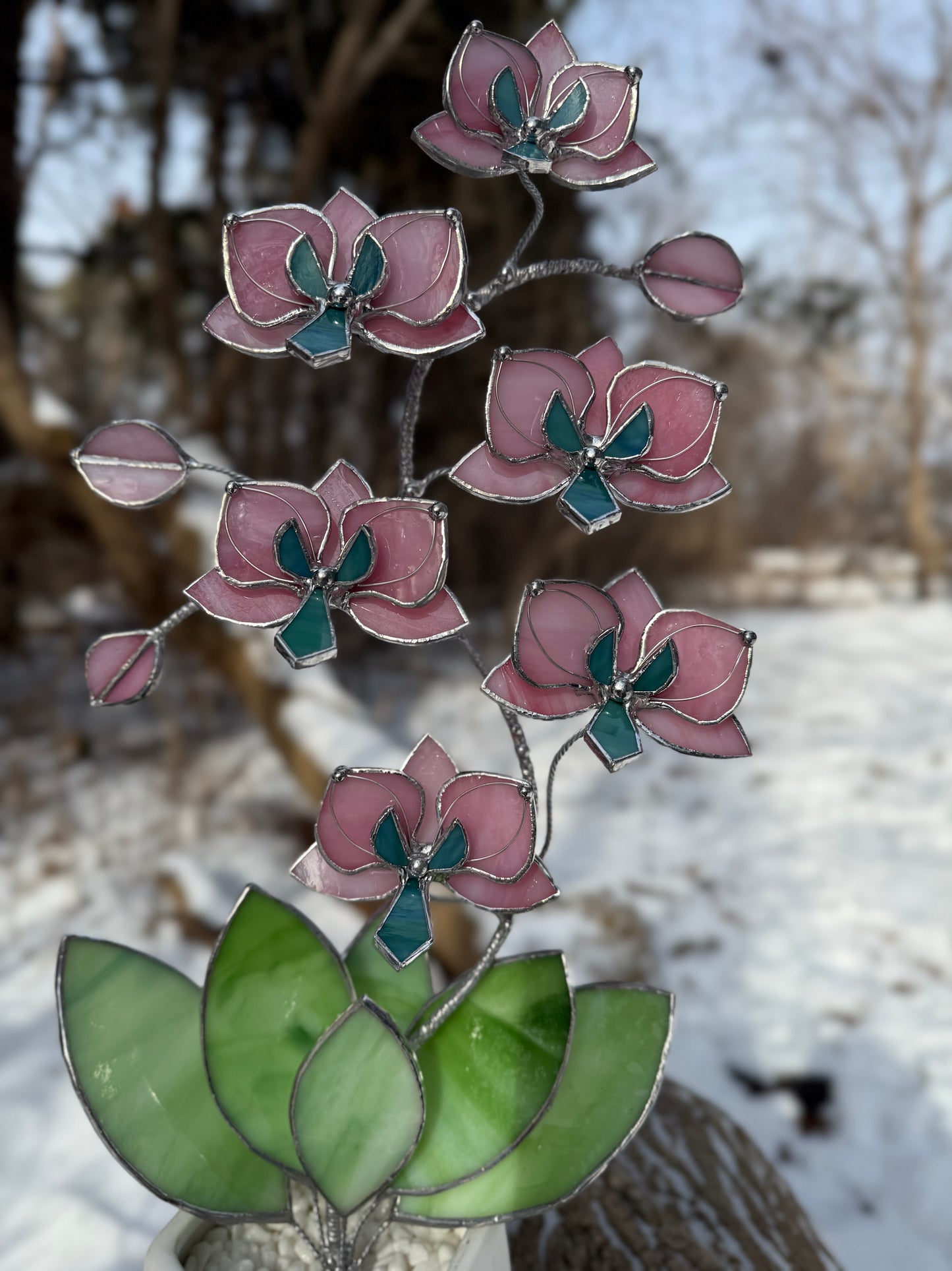 " . Bright Pink Orchid 6 flowers with pot" 2025 design, Stained glass tropical flower 3D, Sun catcher, Table plant, Garden stick, wedding decor, Christmas gift