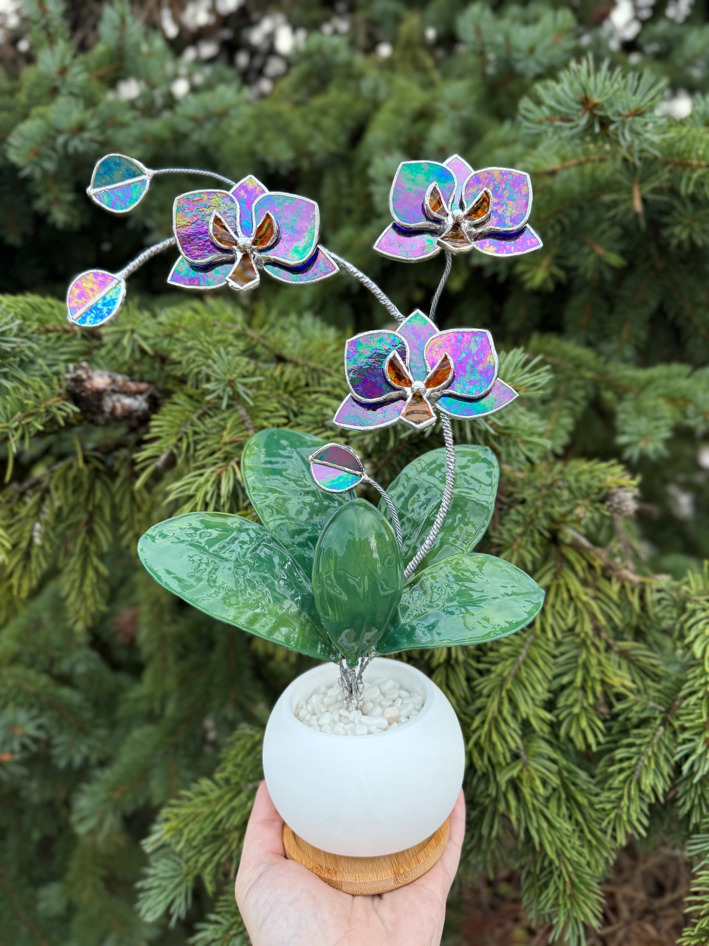 Orchid Indigo Iridescent Stained Glass WITH Hand Painted RESIN LEAVES, 3 Flowers, Botanical Table Decor