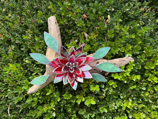 Fire Flower Iridescent Stained Glass Driftwood Wall Decor Suncatcher