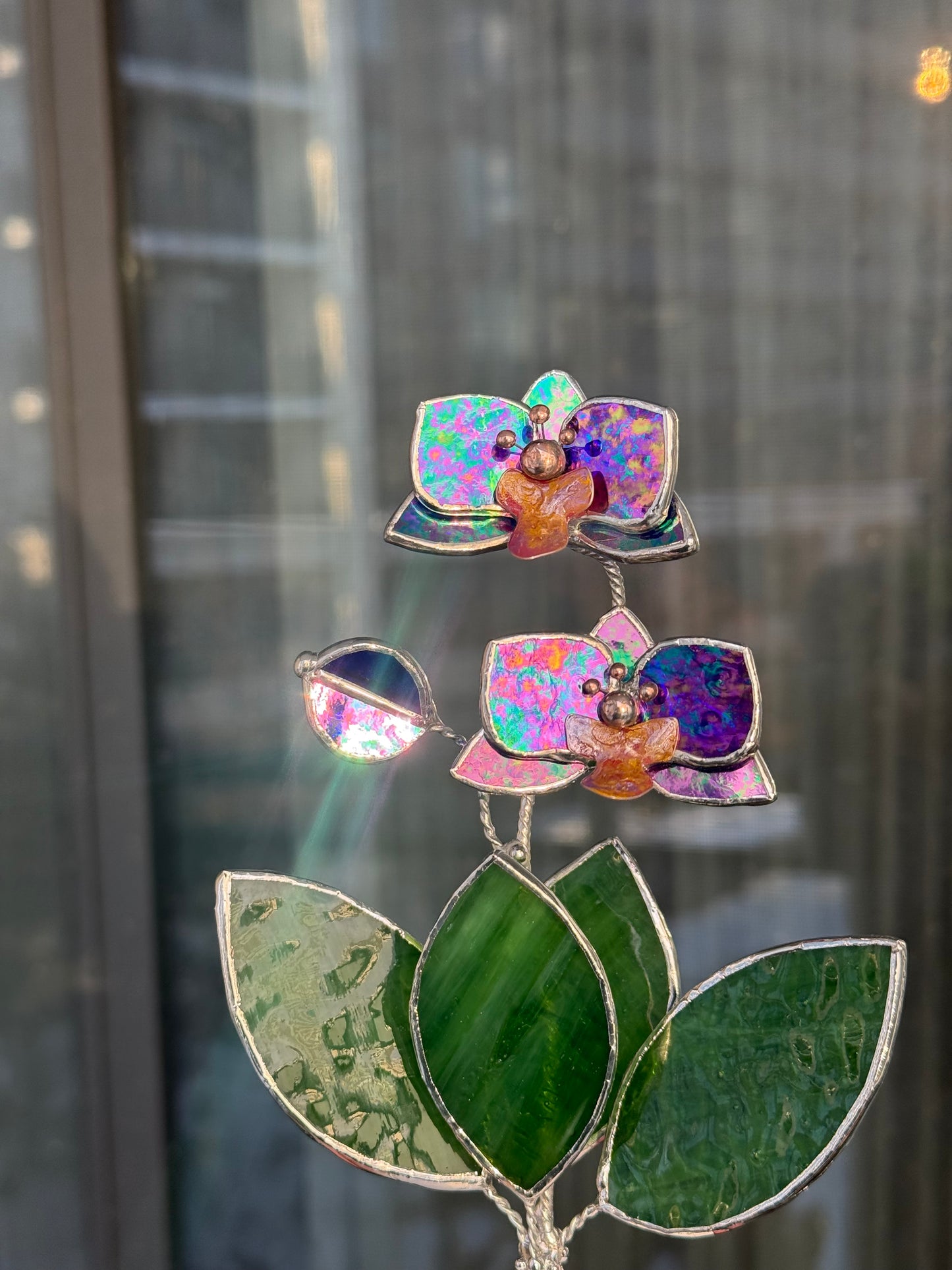 Orchid Indigo Stained Glass Artisan Flower, Botanical Table Decor