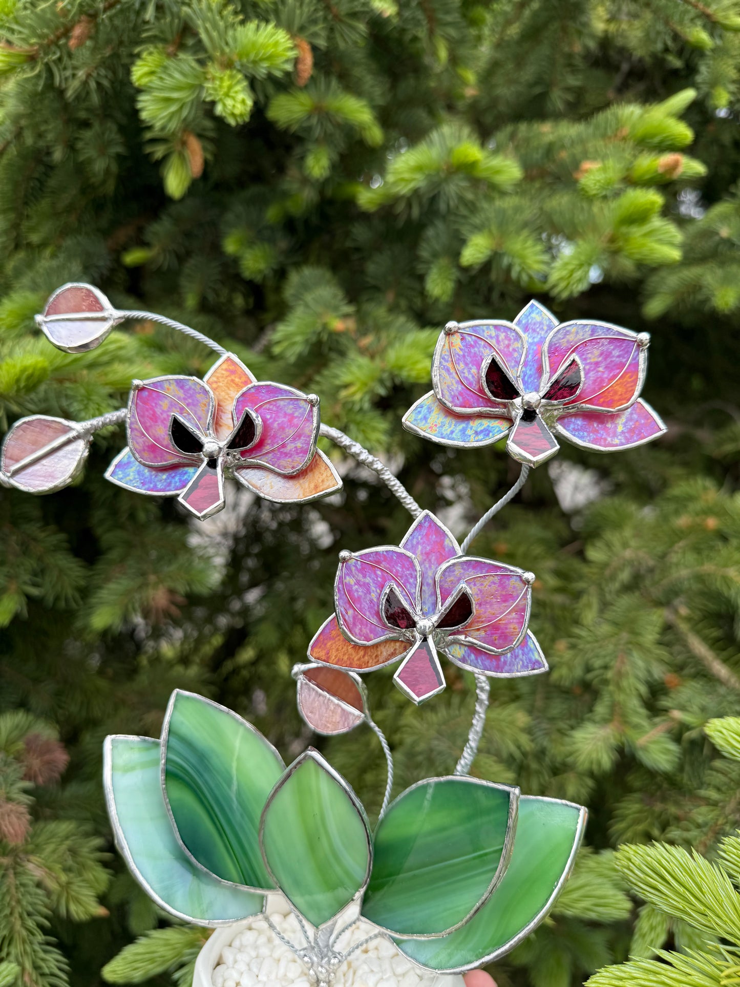 " . Berry red iridescent Orchid 3 flowers with pot” Stained glass tropical flower 3D, Sun catcher, Table plant, Garden stick, Outdoor and gardening decor available new