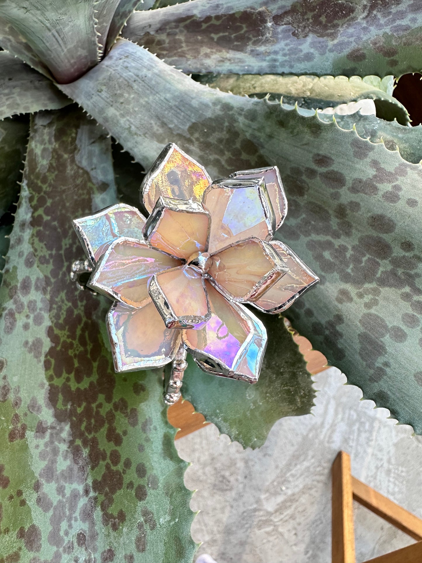 "Cactus XL Beige Green Iridescent Luminescent" Stained glass Succulent 3D Cacti house plant  Sun catcher glass art wedding