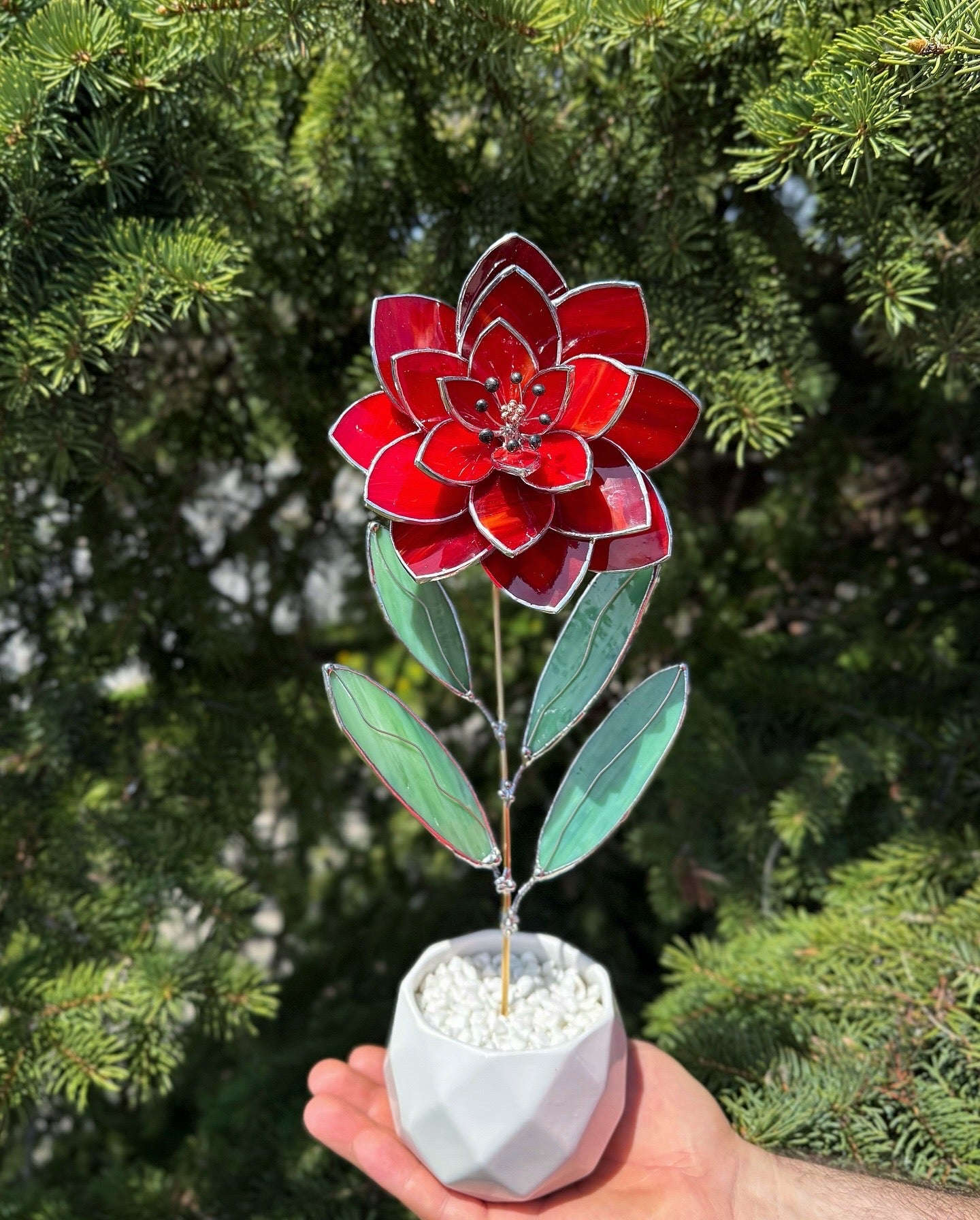 .Amber Red Peony Stained glass flower 3D Botanical Table Plant Decor new