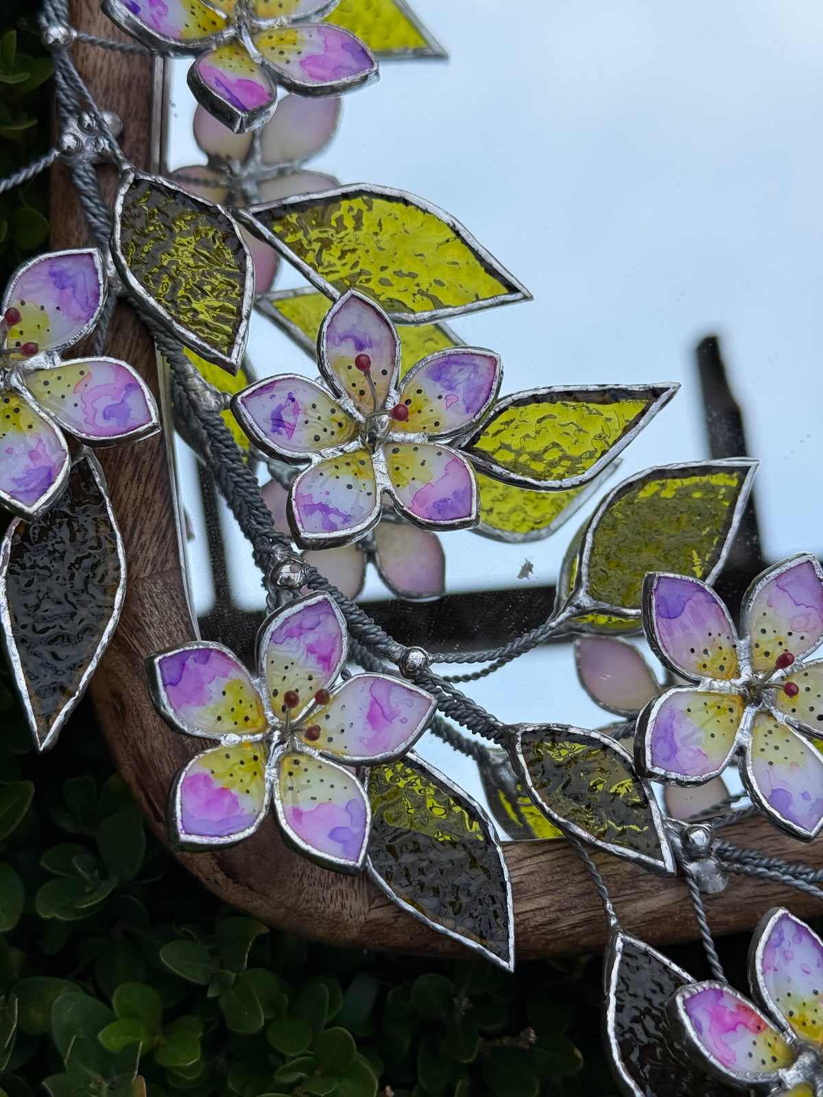 Hand Painted Tropical Flower Stained glass Flower Mirror, 3D Botanical Floral Wall Art ready new
